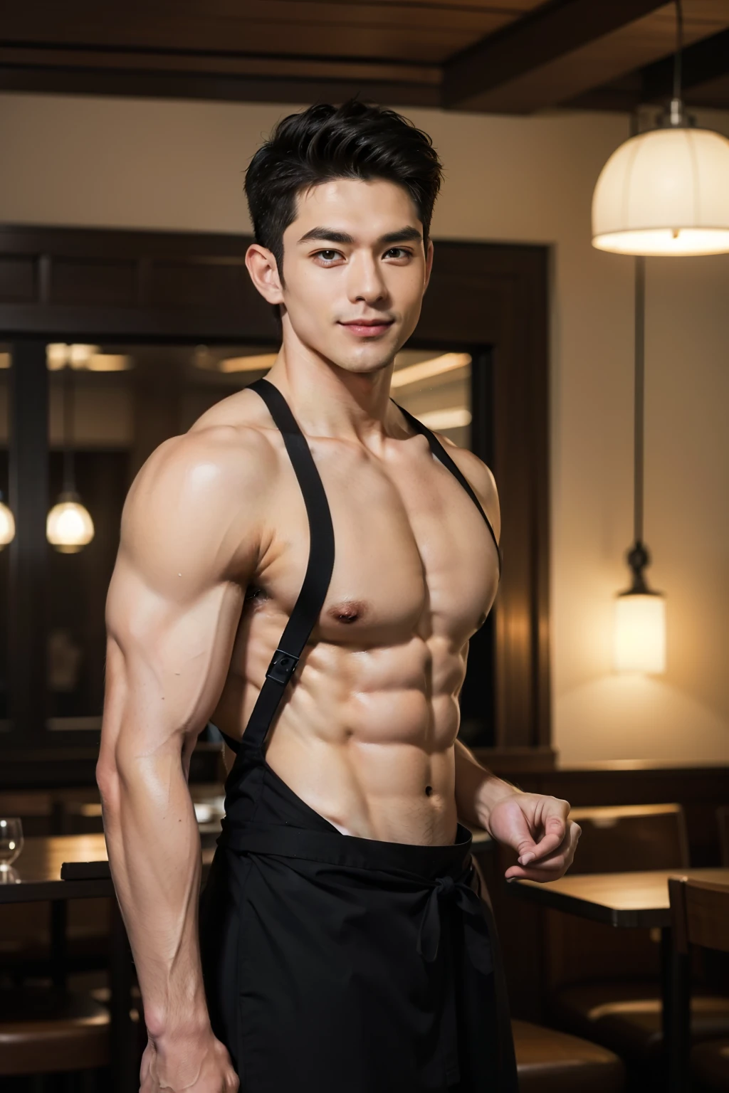 ((Men only)), (cowboy shot), (apron on bare skin), (showing his abs), (handsome muscular male waiter in his 30s), (in the restaurant), (Mischievous smile), (detaile: 1 in 1), Natural muscles, HIG quality, beautidful eyes, (Detailed face and eyes), (Face、: 1 / 2), Noise, Real Photographics、... .................................................................................................................PSD, Sharp Focus, High resolution 8K, realisitic & Professional Photography, 8K UHD, Soft lighting, High quality, Film grain, FujifilmXT3