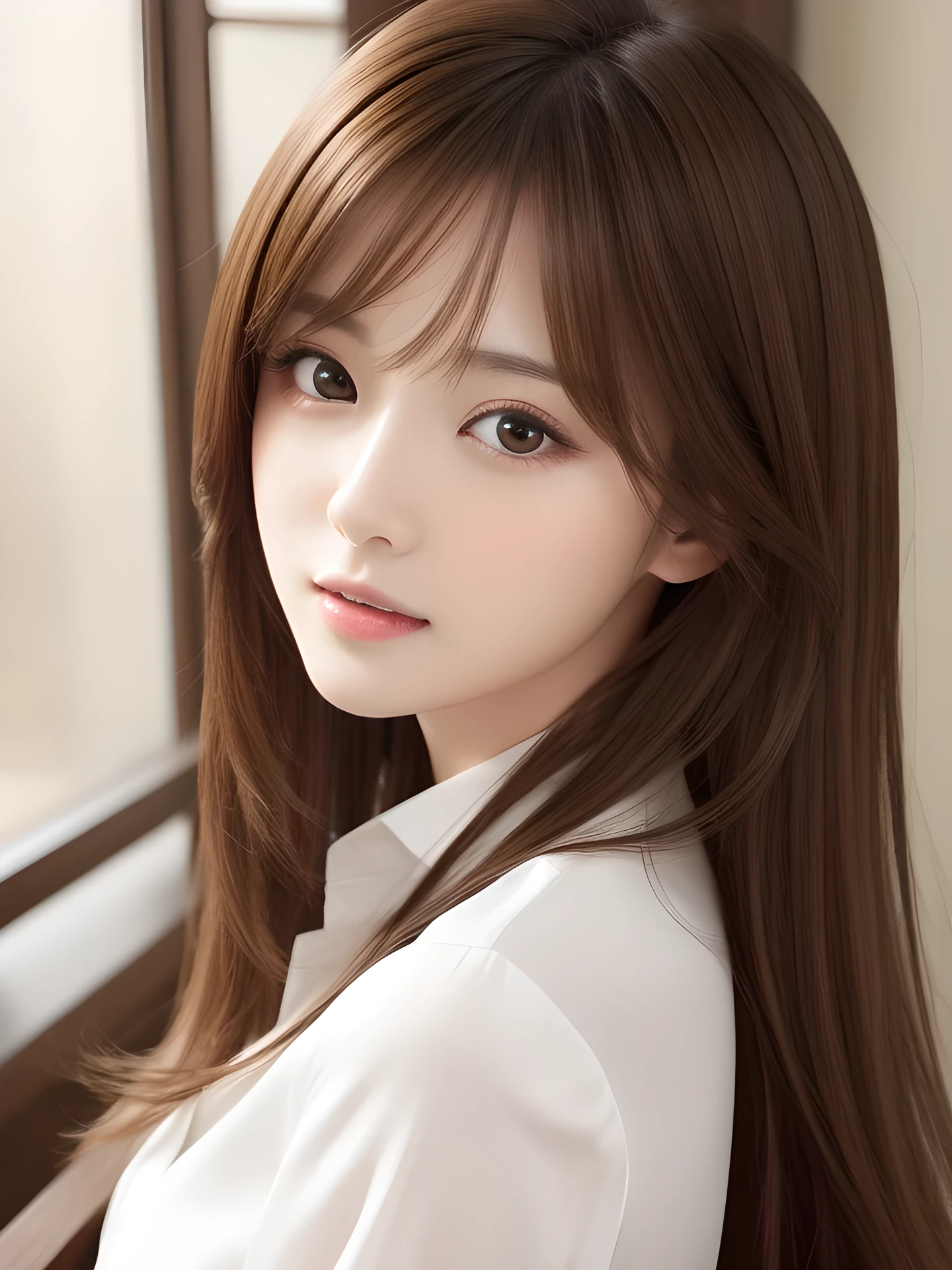 masterpiece, highest quality, High resolution, table top、wallpaper, realistic, bright lighting, professional lighting, face light, smooth lighting, japanese girl, cute, open mouth to say something, Beautiful girl, gravure, sexy, super beautiful, beautiful skin, beautiful and detailed eyes、detailed face、slim、moderately、hair Up、brunette colored hair、brown eyes, look at the camera, Silk shirt,