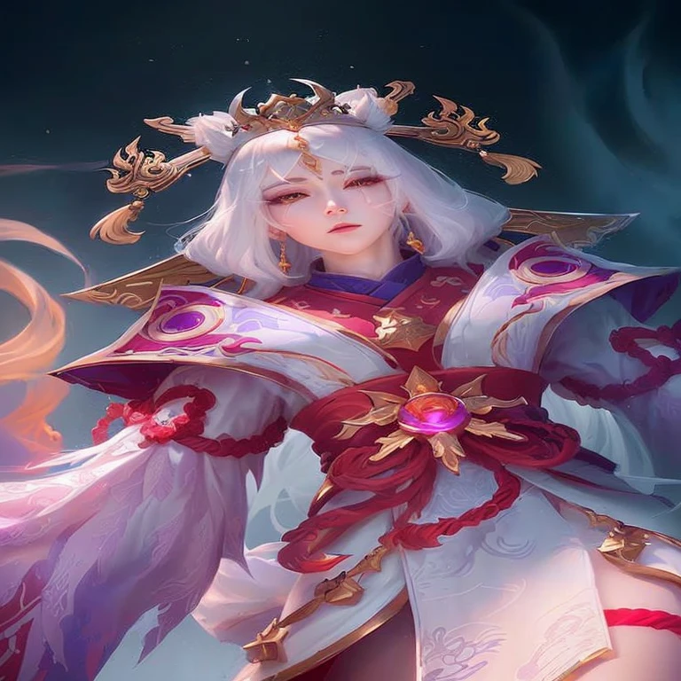 a woman with white hair and a crown on her head, onmyoji detailed art, onmyoji portrait, onmyoji, white haired deity, heise jinyao, astri lohne, portrait knights of zodiac girl, beautiful celestial mage, inspired by Ju Lian, ne zha from smite, inspired by Pu Hua, inspired by Lan Ying
