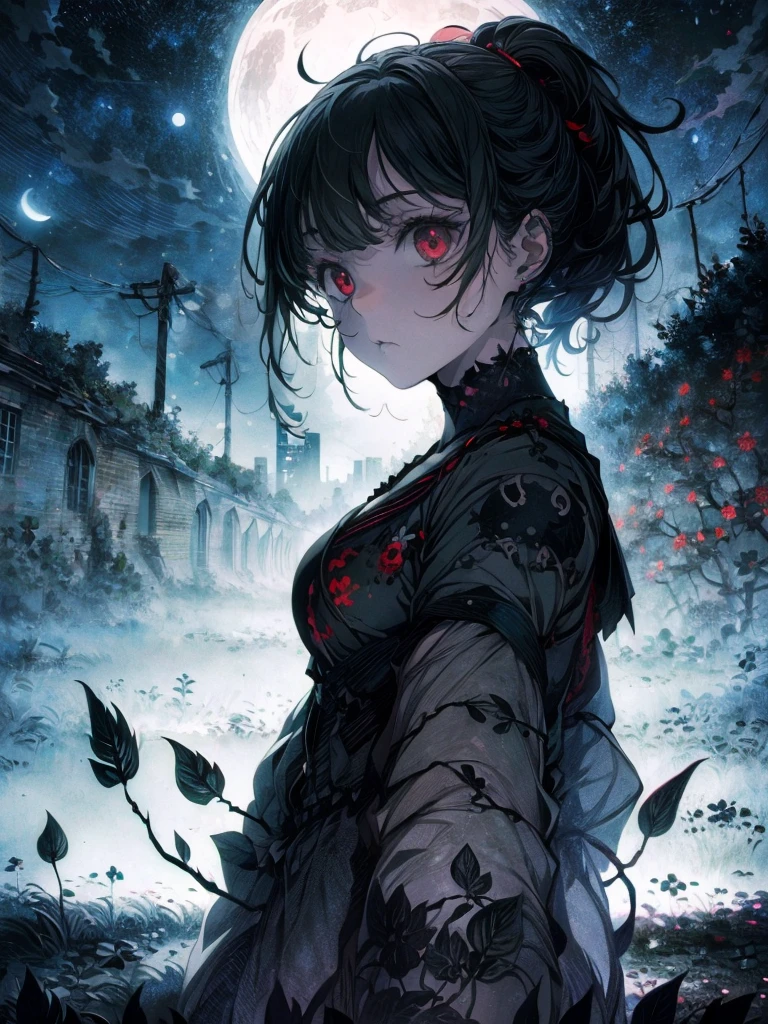 (Kyle Thompson:1.3), anime-style, girl, abandoned park, black roses, death symbol, moonlight, depth, shallow focus, cross shadow, photorealistic, contrast, synthesis, medium difference, dramatic, symbolic, eerie, night, moonlit, mysterious, dark, ethereal, haunting, surreal, atmospheric, artistic.