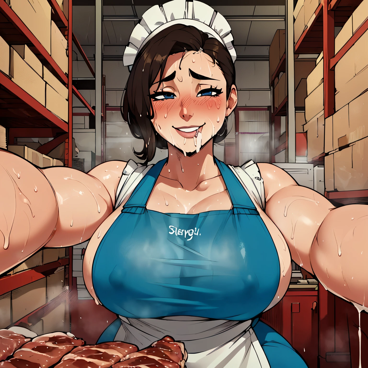 (highest quality:1.2),(Perfect beautiful face:1.2),(Perfect and beautiful posture:1.2),(Three extremely sweaty cleaners hugging each other,((Sweaty body:1.2), (Thick eyebrows:1.0),(Chubby:0.8), (Wearing a sweaty apron, (sweat stain:1.3)), The smell of sweat drifts, Beautiful dark eyes, Cheek rubbing, smile, (mature female), They are grilling and eating meat in the warehouse.
