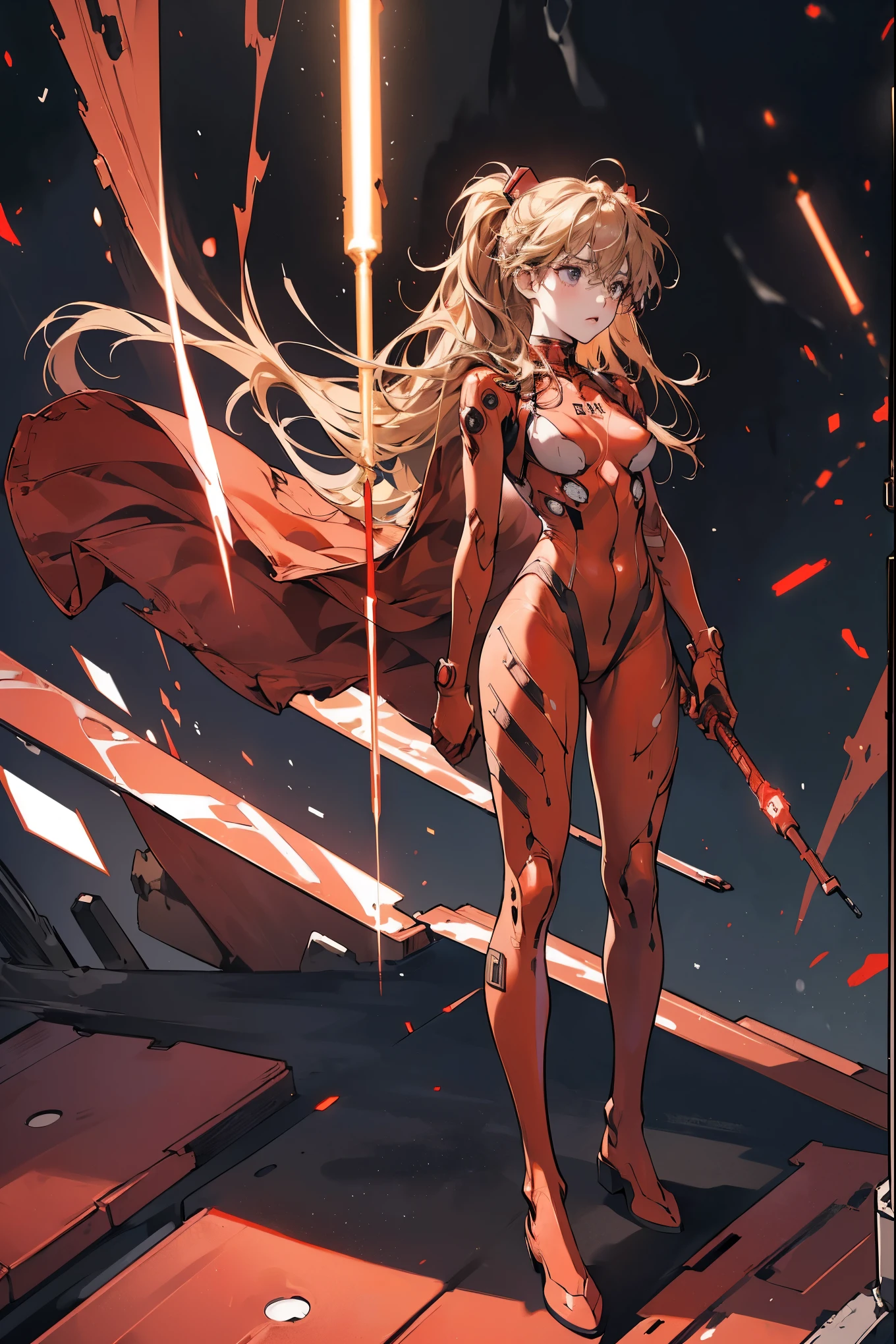 Asuka Langley, embarrassed, cinematic angle, break, (,full body), ((Torn to shreds(red plug suit))), (Ultra-high definition CG, Precisely designed costumes, 4k, 8k, Ultra-high definition CG, Expressive and Captivating Eyes, Fine Details and Realistic Textures), Lightsabers, Popping plug suit

