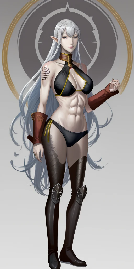 (Selvaria Bles (Valkyria Chronicles) LoRA) ((1girl)) full body, standing, grey skin, drow, elf, mature, detailed happy face, purple eyes, white hair, black bikini, abs, big knockers, golden chain collar, stomach tattoo (red tattoo)