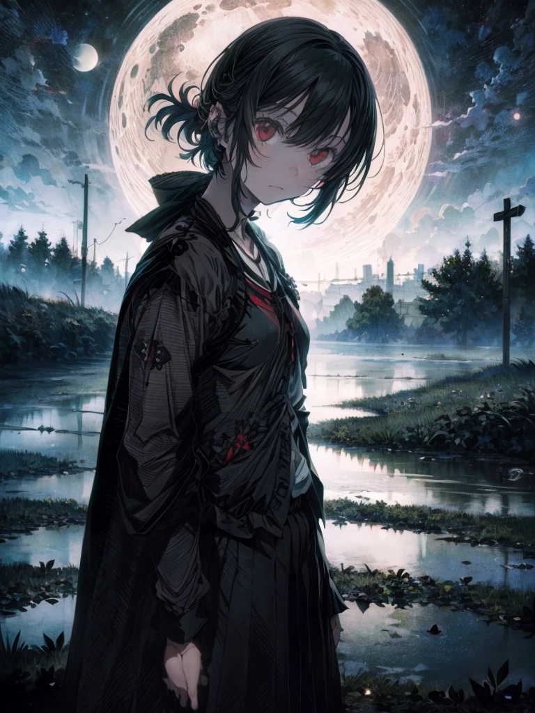 (Kyle Thompson:1.3), anime-style, girl, abandoned park, black roses, death symbol, moonlight, depth, shallow focus, cross shadow, photorealistic, contrast, synthesis, medium difference, dramatic, symbolic, eerie, night, moonlit, mysterious, dark, ethereal, haunting, surreal, atmospheric, artistic.