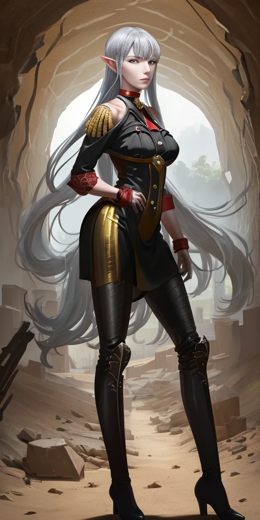 (Selvaria Bles (Valkyria Chronicles) LoRA) Female, standing, straight, 1girl, elf, green wavy hair, medium breasts, suspended by arms, head down, POV, from the side (dirty, bruise:1.2) cave floor, tied up, rope, (Masterpiece), full body of a female, big breast, detailed face, full portrait, standing straight, shackles on arms and legs, black choker on neck, SFW, WHITE TOGA, golden chains hands, golden chains legs, lascivious face, embarrassed, red cheeks, braid black hair, full body, view from below, far shot, cow boy shot, looking at viewer, handcuffs on their hands, with a collar around the neck, slave, ((black choker, shackles on legs and arms)) ((hands hiding behind body))