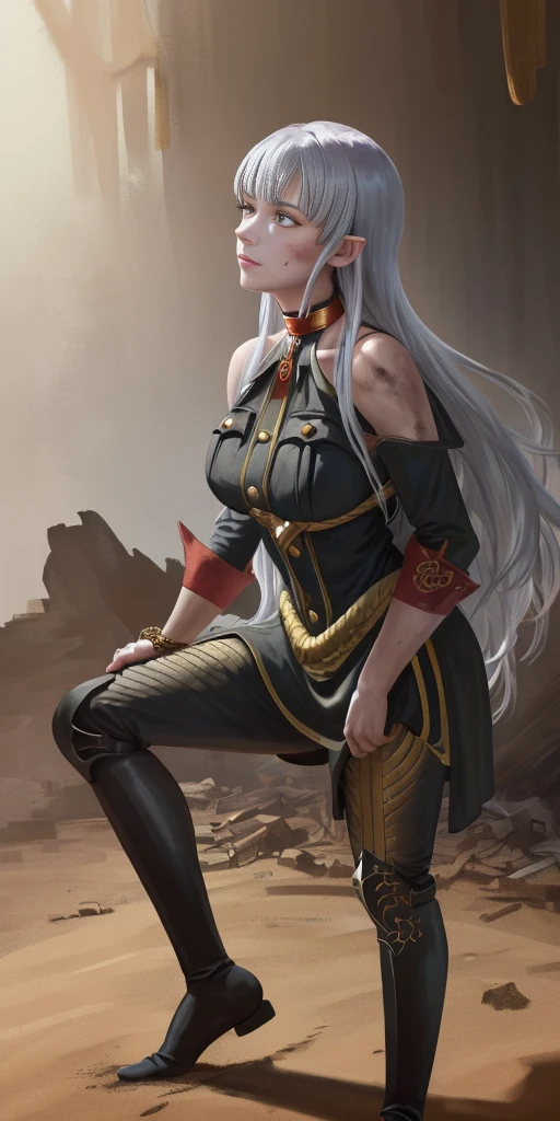 (Selvaria Bles (Valkyria Chronicles) LoRA) Female, standing, straight, 1girl, elf, green wavy hair, medium breasts, suspended by arms, head down, POV, from the side (dirty, bruise:1.2) cave floor, tied up, rope, (Masterpiece), full body of a female, big breast, detailed face, full portrait, standing straight, shackles on arms and legs, black choker on neck, SFW, WHITE TOGA, golden chains hands, golden chains legs, lascivious face, embarrassed, red cheeks, braid black hair, full body, view from below, far shot, cow boy shot, looking at viewer, handcuffs on their hands, with a collar around the neck, slave, ((black choker, shackles on legs and arms)) ((hands hiding behind body))