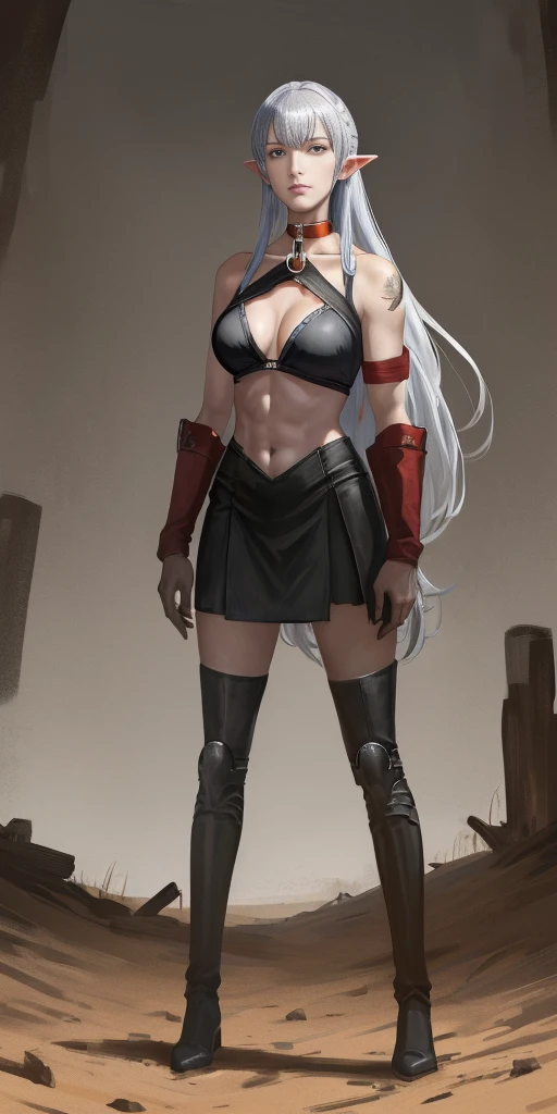 (Selvaria Bles (Valkyria Chronicles) LoRA) Female, standing, straight, 1girl, elf, green wavy hair, medium breasts, suspended by arms, head down, POV, from the side (dirty, bruise:1.2) cave floor, tied up, rope, (Masterpiece), full body of a female, big breast, detailed face, full portrait, standing straight, shackles on arms and legs, black choker on neck, SFW, WHITE TOGA, golden chains hands, golden chains legs, lascivious face, embarrassed, red cheeks, braid black hair, full body, view from below, far shot, cow boy shot, looking at viewer, handcuffs on their hands, with a collar around the neck, slave, ((black choker, shackles on legs and arms)) ((hands hiding behind body))