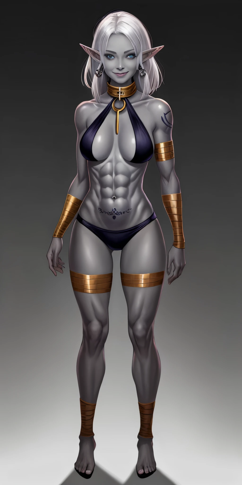 ((1girl)) full body, standing, grey skin, drow, elf, mature, detailed happy face, purple eyes, white hair, black bikini, abs, big knockers, golden chain collar, stomach tattoo (red tattoo)