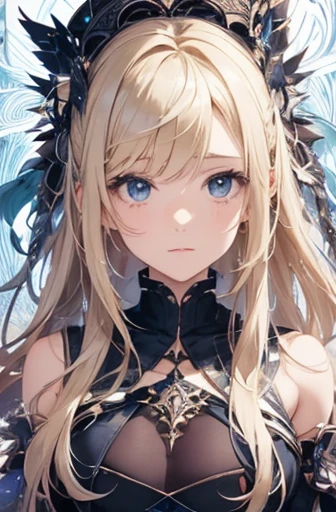 This is art like a book cover. The background is light in color and has an abstract, fractal feel.. In the center is a cute girl with a dynamic pose and angle. she has medium long hair. Her hair color is blonde、It's a little wavy. She's like a pen and ink drawing. It's two-dimensional art. Her eyes are bluish-grey, She has very delicate and beautiful eyes. Her eyes are shining. She looks hopeful.