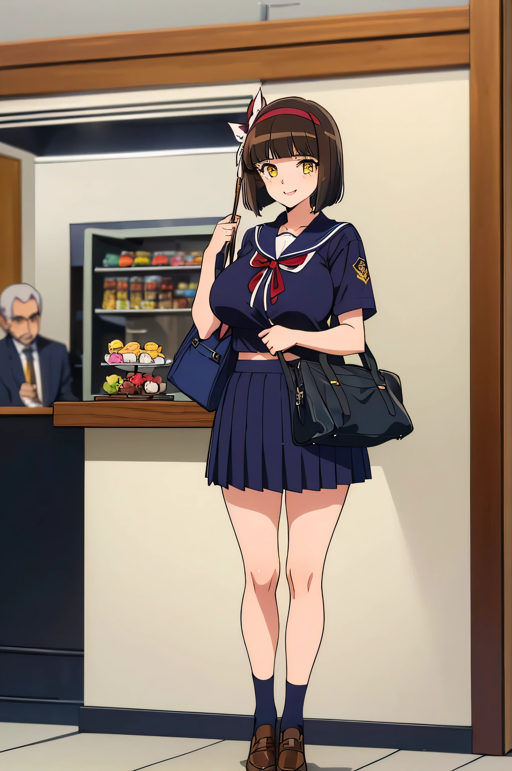 (Masterpiece Anime, One, Retro art style, Clean brush strokes, Very detailed, Perfect Anatomy, Browsing Caution), City Background, In front of the sweets shop, (Full Body Shot), (mio), １Girl, Eyebrows visible through hair, bangs, Brown Hair, Spider web print, hair ornaments, sash, band, Hair Ribbon, compensate, Yellow Eyes, (Sansakumaru:1.4), (Beautiful and detailed:1.5), Open your mouth a little, Confident々Smile, High Body, (Large Breasts:1.5), (Standing with your legs apart), (Over the , Navy blue), (School uniform mini skirt, Navy blue), Leather student bag,