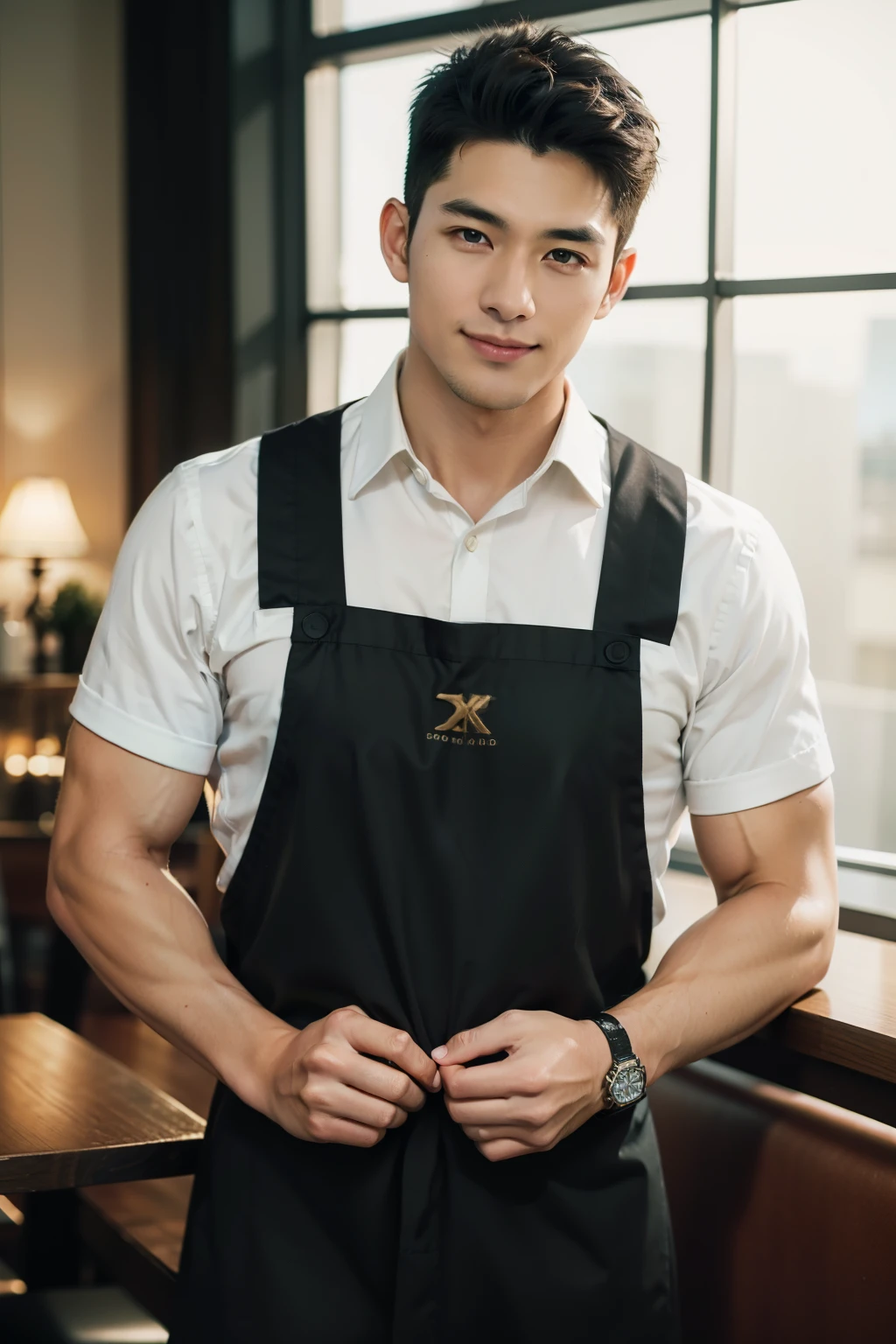 ((Men only)), (cowboy shot), (apron on bare skin), (showing his abs), (handsome muscular male waiter in his 30s), (in the restaurant), (Mischievous smile), (detaile: 1 in 1), Natural muscles, HIG quality, beautidful eyes, (Detailed face and eyes), (Face、: 1 / 2), Noise, Real Photographics、... .................................................................................................................PSD, Sharp Focus, High resolution 8K, realisitic & Professional Photography, 8K UHD, Soft lighting, High quality, Film grain, FujifilmXT3