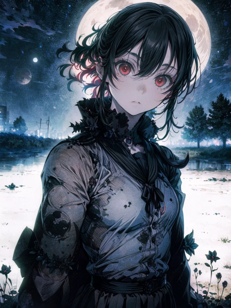 (Kyle Thompson:1.3), anime-style, girl, abandoned park, black roses, death symbol, moonlight, depth, shallow focus, cross shadow, photorealistic, contrast, synthesis, medium difference, dramatic, symbolic, eerie, night, moonlit, mysterious, dark, ethereal, haunting, surreal, atmospheric, artistic.