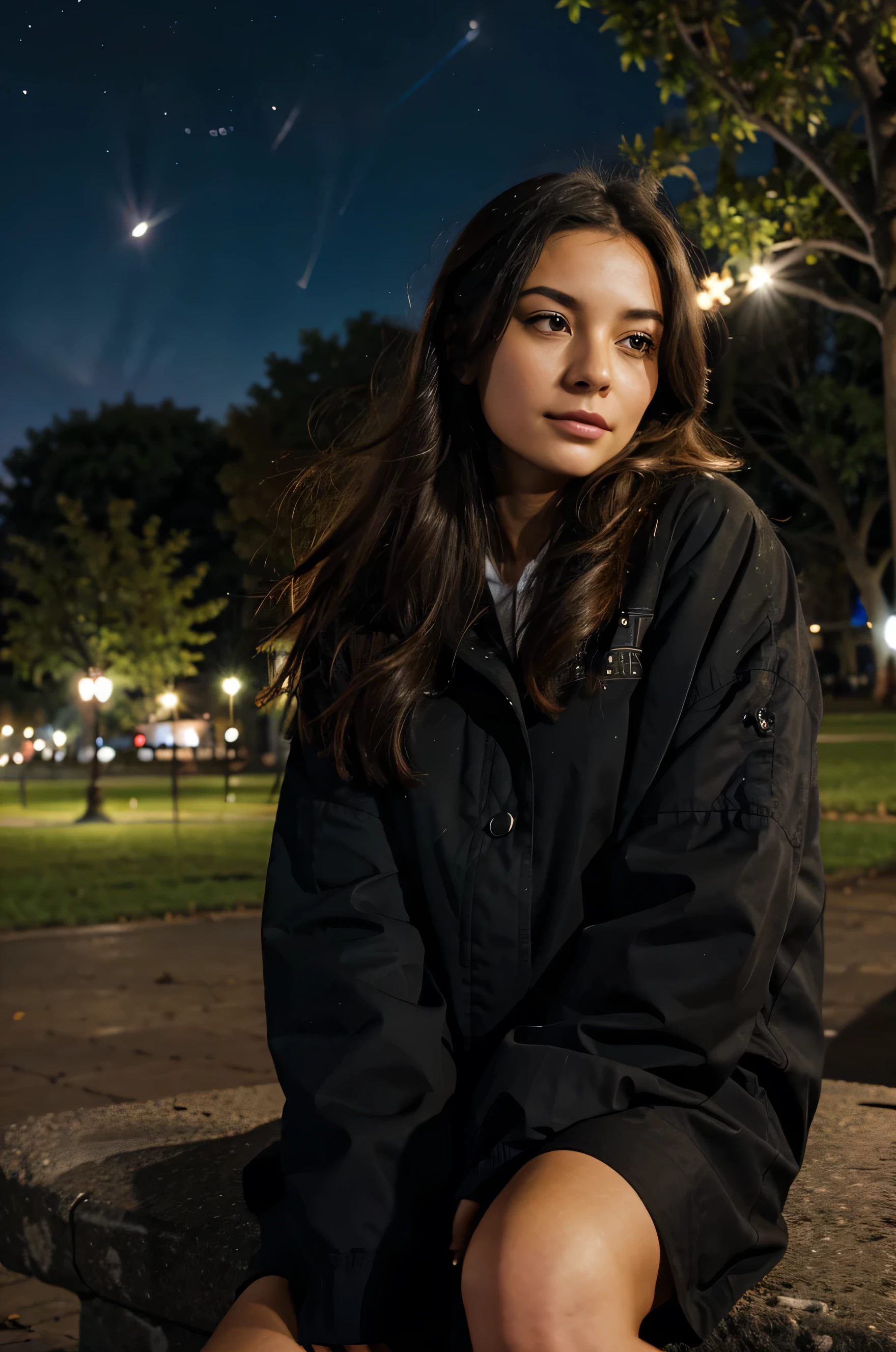 Ana is looking at the stars sitting in a park
