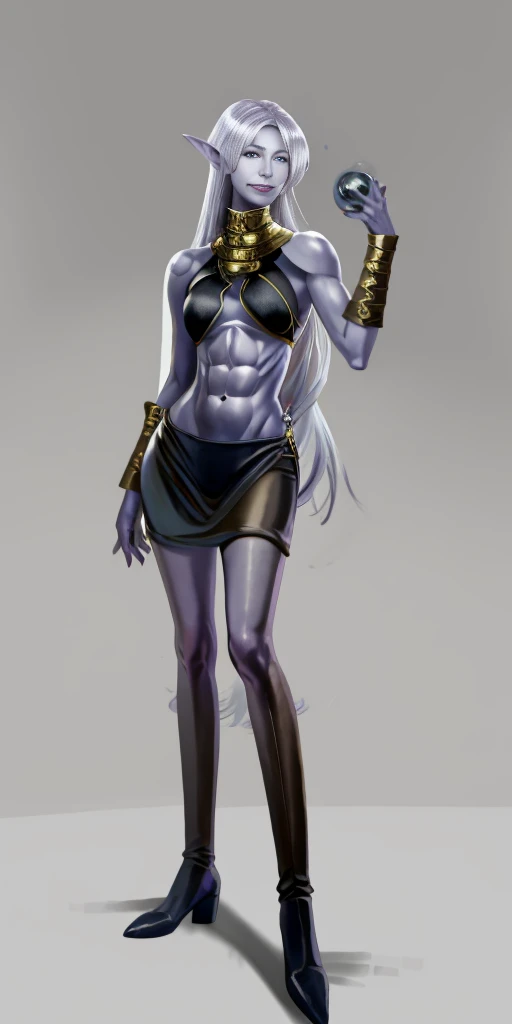 ((1girl)) full body, standing, grey skin, drow, elf, mature, detailed happy face, purple eyes, white hair, black bikini, abs, big knockers, golden chain collar, stomach tattoo (red tattoo)