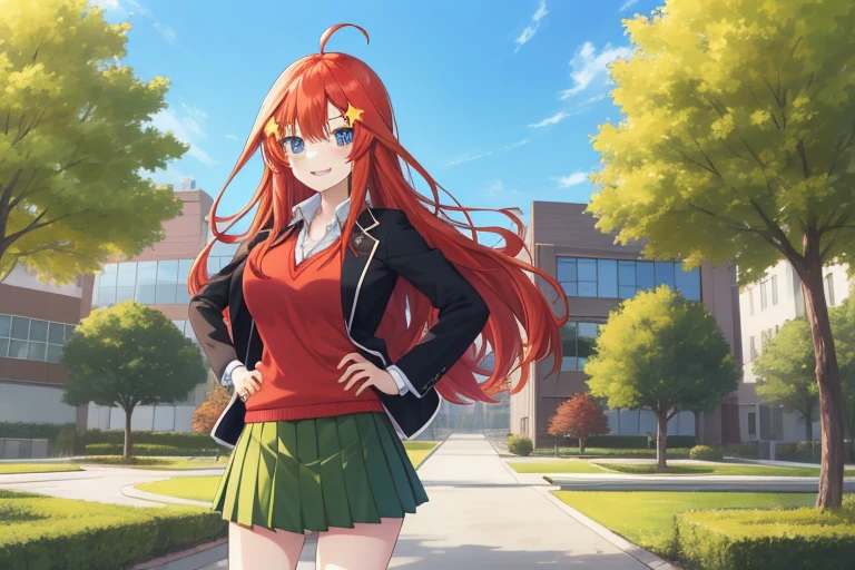 2d, masterpiece, best quality, anime, highly detailed, 5 girl, photo of 5 girl, quintuplets, nakano itsuki, red hair, long hair, star hair ornament, ahoge, red sweater, collared shirt, green skirt, miniskirt, large breasts, standing, school, outdoors, smile, back jacket, blazer, open blazer, sexy body, perfect body, hands on hips
