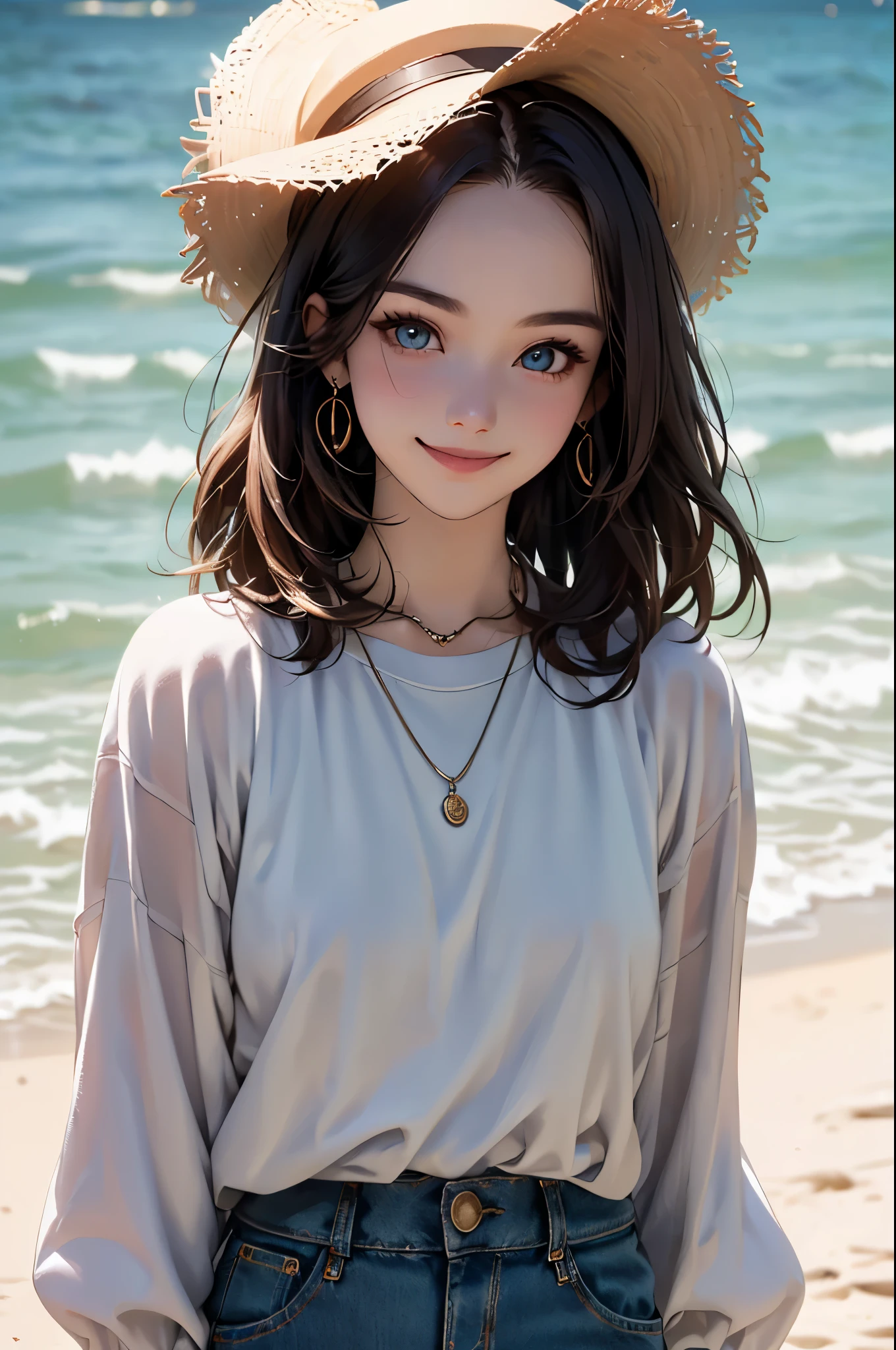 ((Biologically correct limb count))、((Full Body Shot, Full-body photo including face))、4K、masterpiece、((Focus on the face))、((Symmetrical facial features))、Eyes of meticulous depiction、Beautiful woman、Excellent style、Beautiful feet、(High heels)、Facial detailing、Small earrings、necklace、((Close-up photo of the upper body))、(Upper body T-shirt、Denim skirt)、Strong sunlight、A big smile、Scene of walking on the beach、holding a hat、