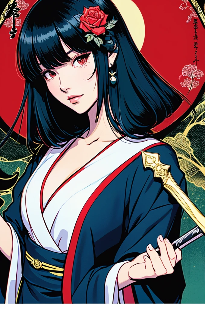 It is a full-body painting with natural colors with Katsushika Hokusai-style line drawings. The swordswoman is lean and muscular. Female Samurai of Japan. With a dignified but feminine expression of determination, she confronts evil spirits. She has long black hair. Her upper body is covered in a black kimono and her hakama is knee-long. In her right hand she holds a Japanese sword with a longer sword part. In the highest quality, masterpiece high resolution ukiyo-e style lightning and swirling flames. Among them, the female samurai warrior is standing with her back straight, facing the front.