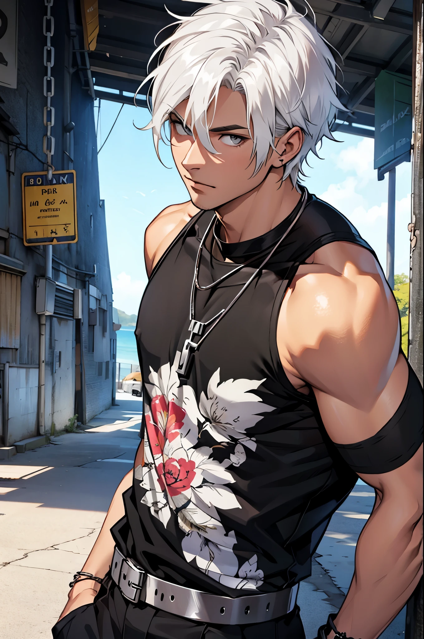 34 years old, black tanktop, silver chain necklace, white hair