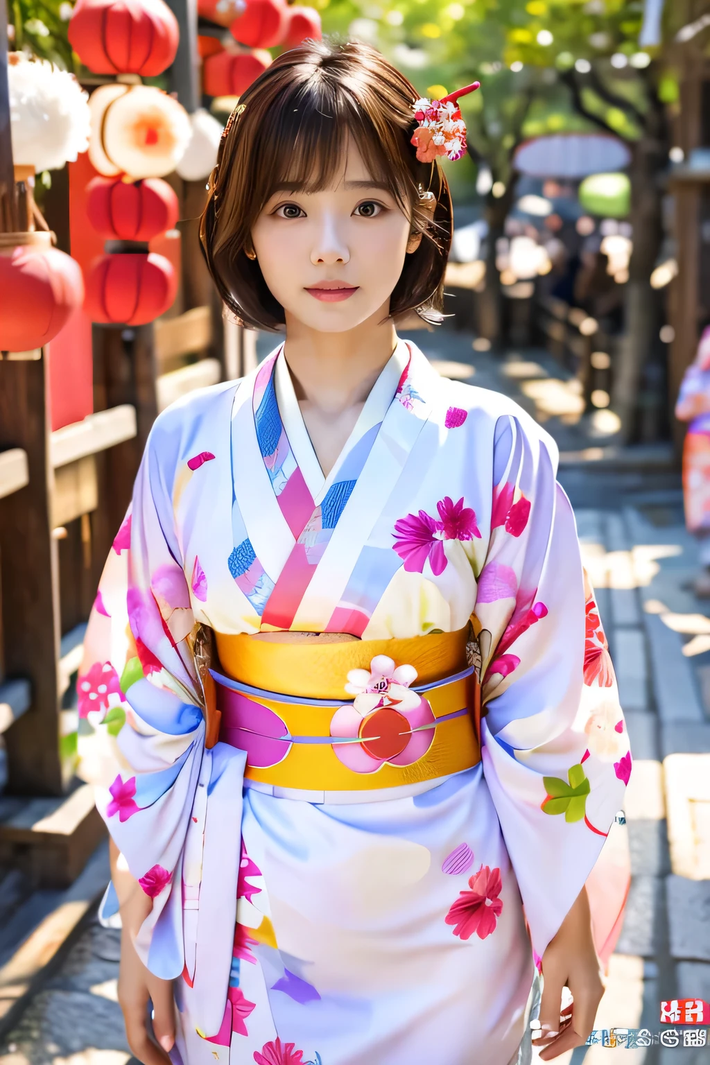 (1 summer kimono with a cute pattern:1.5)、(Japanese festivals:1.5)、(Full-body photo:1.5)、highest quality, Photorealistic, Very detailed, finely, High resolution, 8K Wallpaper, Professional, High level of detail, ((One 18 year old girl:1.2)), Slender Japanese women,Pretty lips, (Beautiful long lashes:1.2)、Detailed clavicle, Perfect Face, (Cute short bob hair:1.5),Top Quality，Ultra-clear resolution，Clear Eyes，Sunburned skin，Perfect large breasts，have perfect legs，