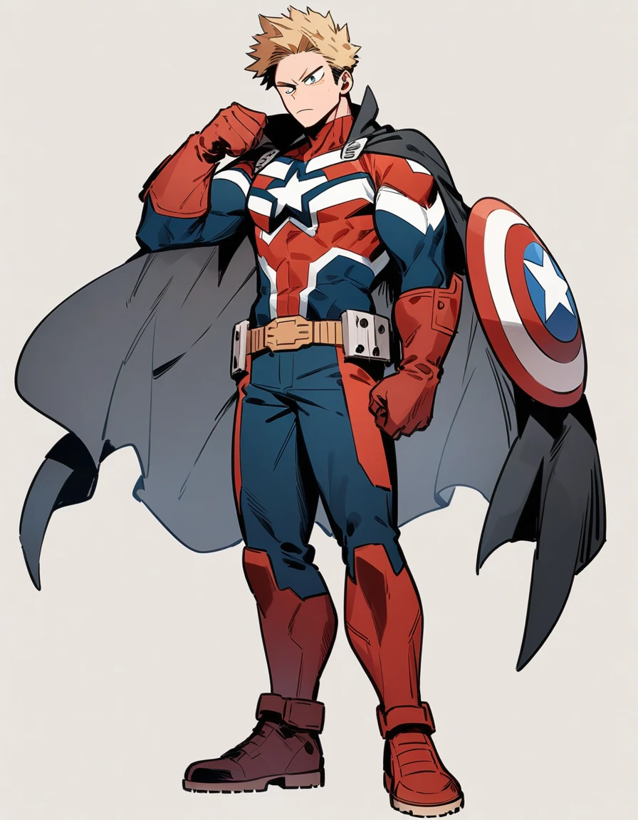 One boy, male focus, brown and blond hair, boku no hero academia, masterpiece, best quality, very aesthetic, captain America suit, cape, full body illustration, front pose.