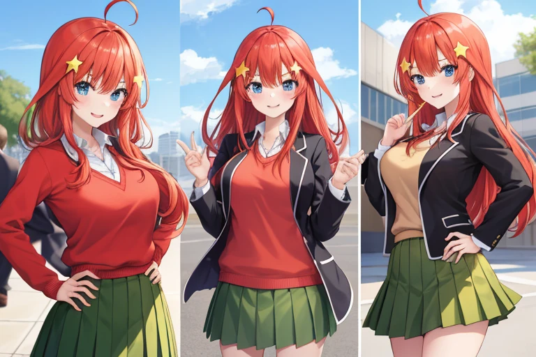 2d, masterpiece, best quality, anime, highly detailed, 5 girl, photo of 5 girl, quintuplets, nakano itsuki, red hair, long hair, star hair ornament, ahoge, red sweater, collared shirt, green skirt, miniskirt, large breasts, standing, school, outdoors, smile, back jacket, blazer, open blazer, sexy body, perfect body, hands on hips