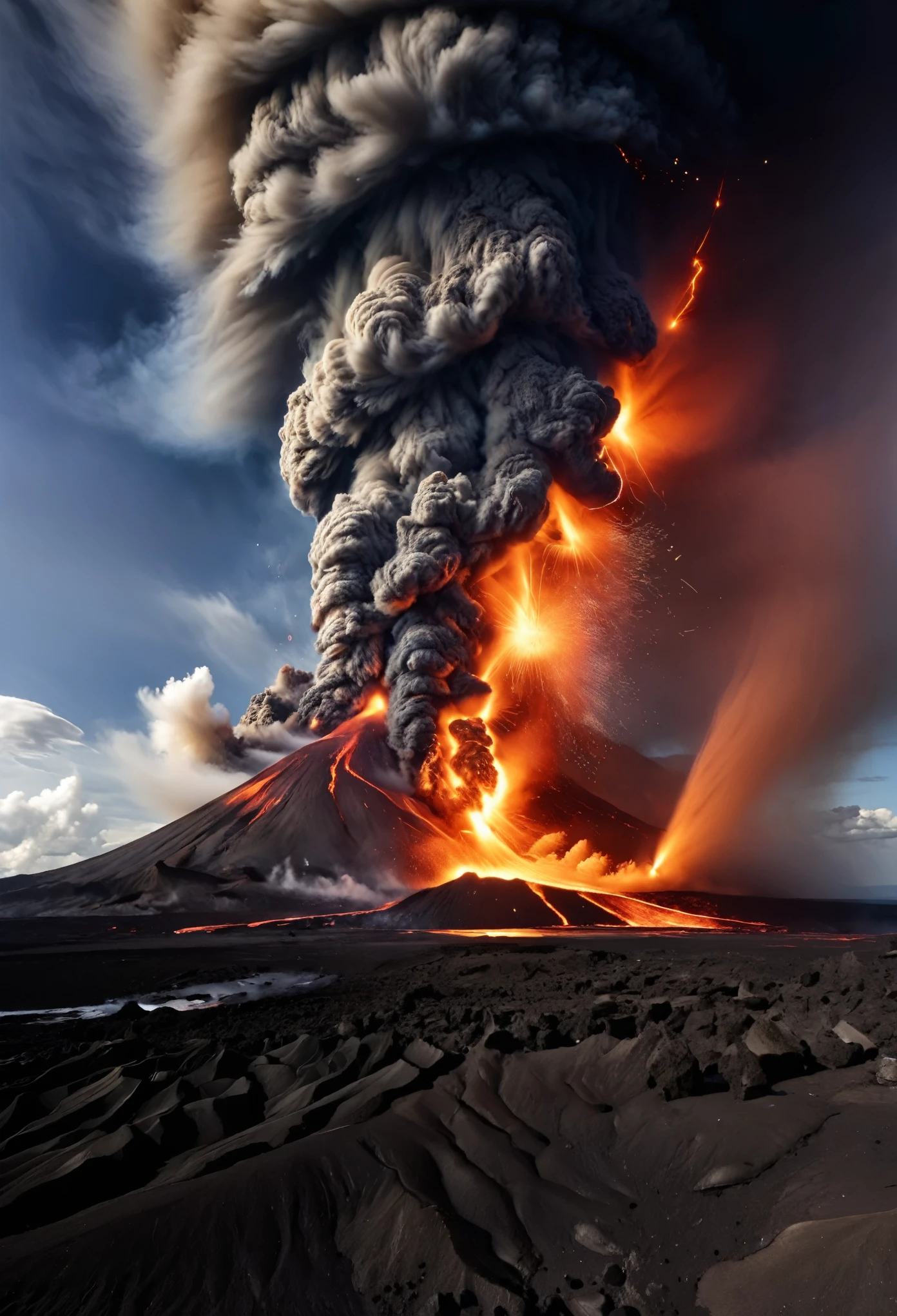A panoramic view captures the last decade's volcanic eruptions worldwide, showcasing a spectrum of fiery explosions, from gentle lava flows to towering ash clouds.