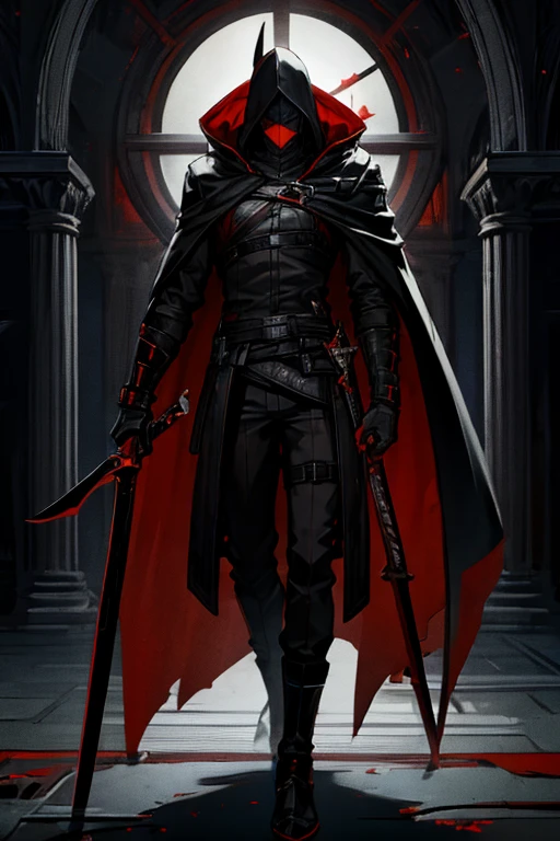 tall male figure, black hood, red eyes, glare from eyes, sword on back, black hoodie, straps on body, black darkness covering face, 