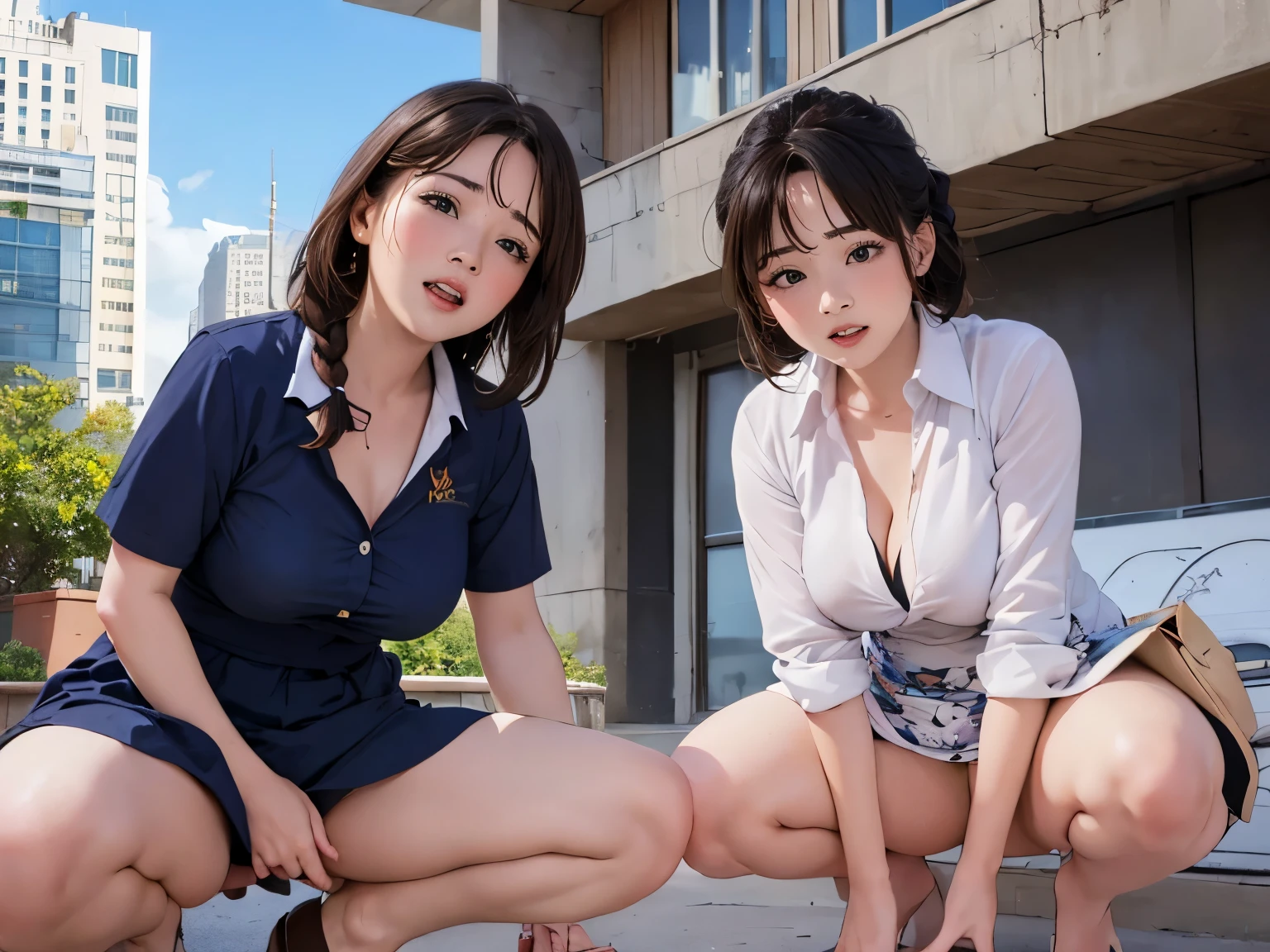 high-definition image, eyes realistic sizing, realistic skin, drooping eyes, smiling, unbuttoned various patterned feminine casual dress, swollen areolas, (squatting and spread legs, masturbation, thin heavily squirting), strong sunlight, braid, old fashion, leaning forward, skyscrapers,
