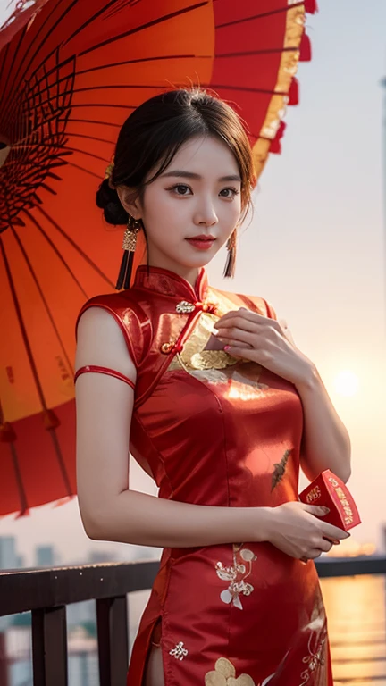 Sexy Chinese girl wearing qipao cheongsam holding a red packet, bright sky, clouds, new year 2024,in Yangon.