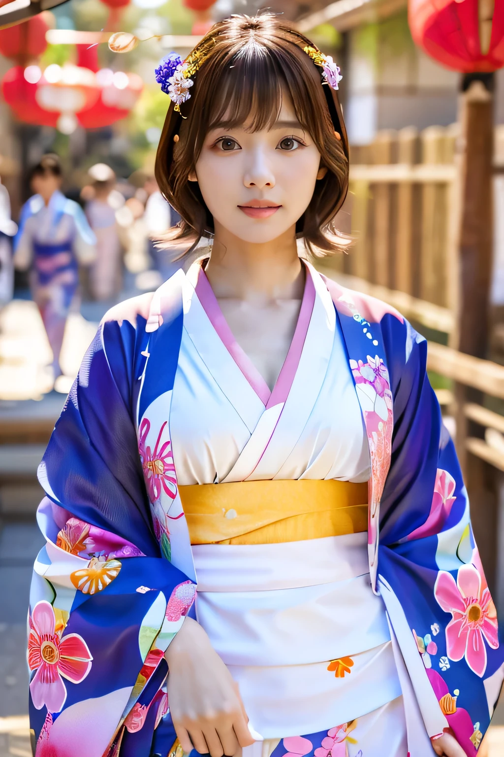 (1 summer kimono with a cute pattern:1.5)、(Japanese festivals:1.5)、(Full-body photo:1.5)、highest quality, Photorealistic, Very detailed, finely, High resolution, 8K Wallpaper, Professional, High level of detail, ((One 18 year old girl:1.2)), Slender Japanese women,Pretty lips, (Beautiful long lashes:1.2)、Detailed clavicle, Perfect Face, (Cute short bob hair:1.5),Top Quality，Ultra-clear resolution，Clear Eyes，Sunburned skin，Perfect large breasts，have perfect legs，