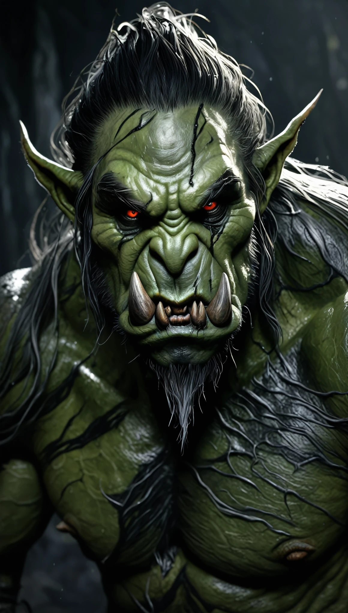 A grotesquely beautiful Eldritch enchanted orc, every feature a twisted masterpiece: skin marbled with pulsing veins, tendrils of shadow weaving through ragged hair, and piercing void-black eyes glowing with otherworldly power. This concept art piece, rendered in striking detail, captures the essence of dark magic and primal strength. The intricate linework and shading create a sense of depth and movement, making the orc seem both terrifying and mesmerizing. The high level of skill and artistry on display evokes a sense of awe and wonder in the viewer, drawing them into a realm of dark fantasy and mystery. Extreme wide shot.