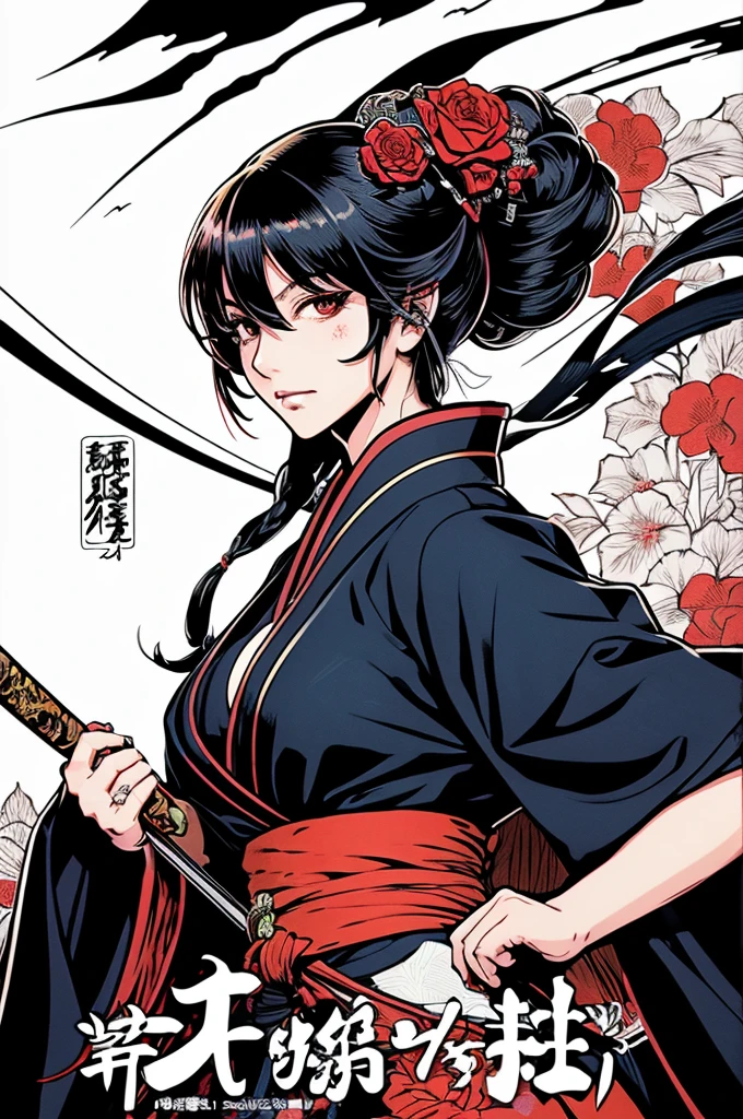 Beautiful hardcore illustration homepage illustration style, dark, High resolution, hard touch illustration, Strong outline, One girl, japanese geisha style, Fuji Mountain, Japan, 8k, American Comic Styles, カラフルなbackground, Hiroyuki Nagasaka, Aggressive, (Sword Drawing Action(1.8)), chambara(1.8), Beautiful Face, Cool Beauty, kimono, Beauty Style, kimonoの衿がはだける(1.5), Cleavage(1.5), Black and Red, Fight, Hard Illustration, Rose red hair, Rose, Samurai, small monster, kimono, (Japanese sword(1.8)), (background:SakuraFubuki(1.8), (mount Fuji(1.6)),blurred),