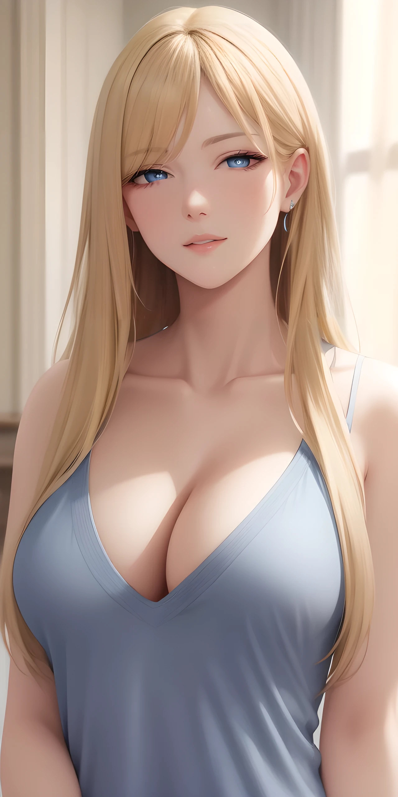 Upper body, elegant, adult woman, long neck, long blonde hair, bangs, casual clothe, cleavage, blue eyes, soft light, high quality, 4k resolution