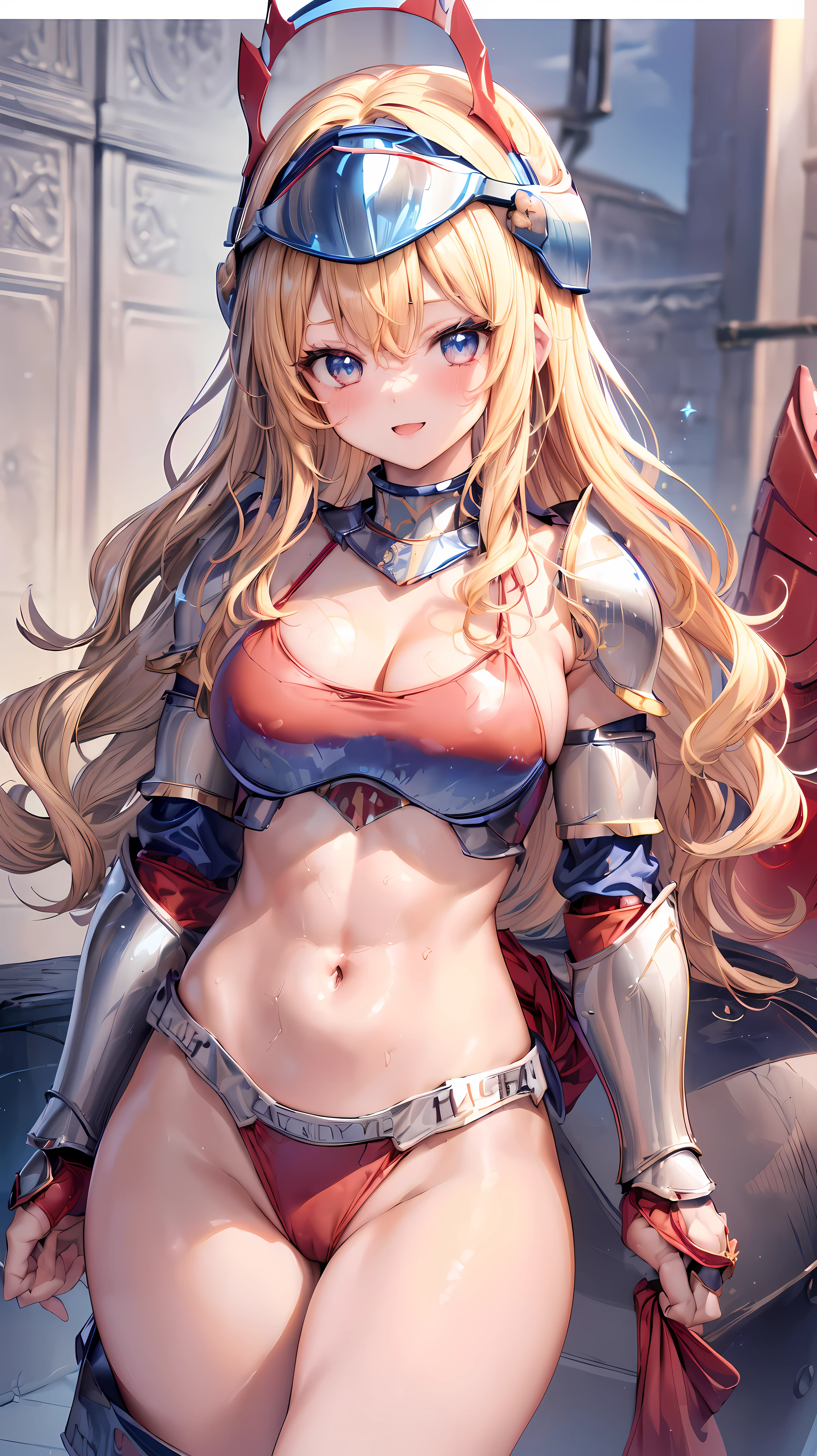 Very detailed、highest quality、Best image quality、masterpiece、8k、Anime Face、A kind smile、Open your mouth、Sparkling blue eyes、(Blonde wavy hair:1.5)、、Muscles of the whole body、camisole、Thigh belt、mini skirt、(Wearing red bikini armor:1.5)、(Cowboy Shot:1.5)、(Leg armor:1.5)、(Wearing a helmet:1.5)
