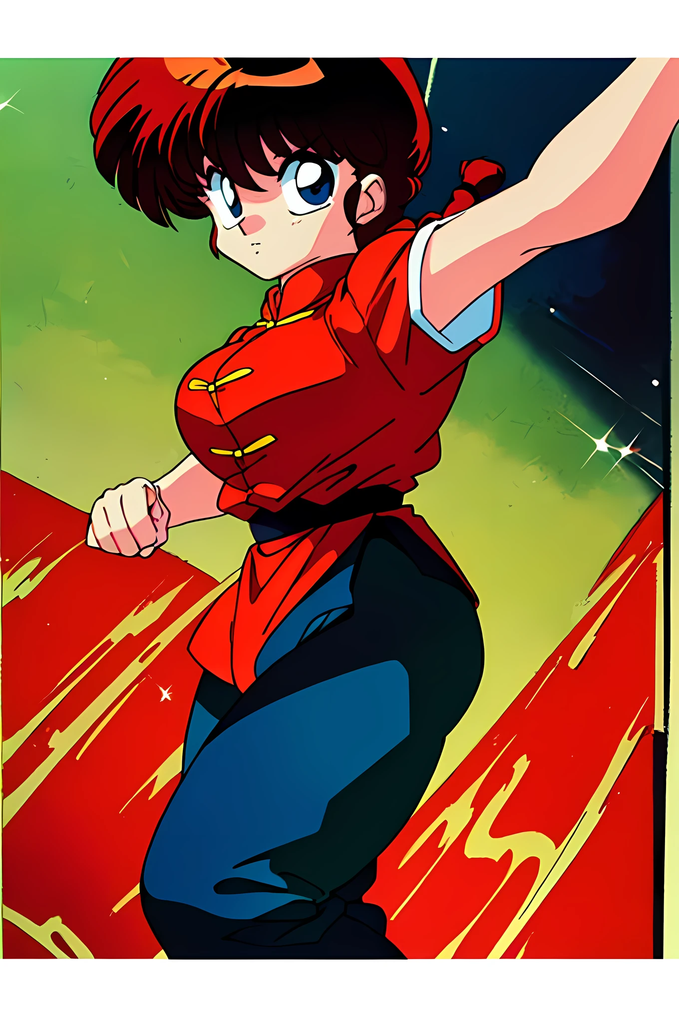 (masterpiece:1.3),(highest quality:1.4),(ultra detailed:1.5),High resolution,extremely detailed,unity 8k wallpaper,Official Art,Perfect Anatomy,(Anime screenshots:1.11),(90s Anime,90s Anime style,cell shaded anime:1.17),((solo:1.52)), 1990s \(style\),retro artstyle,((RanmaChan:1.52)),Chinese clothing,ranma red shirt,black pants,martial arts