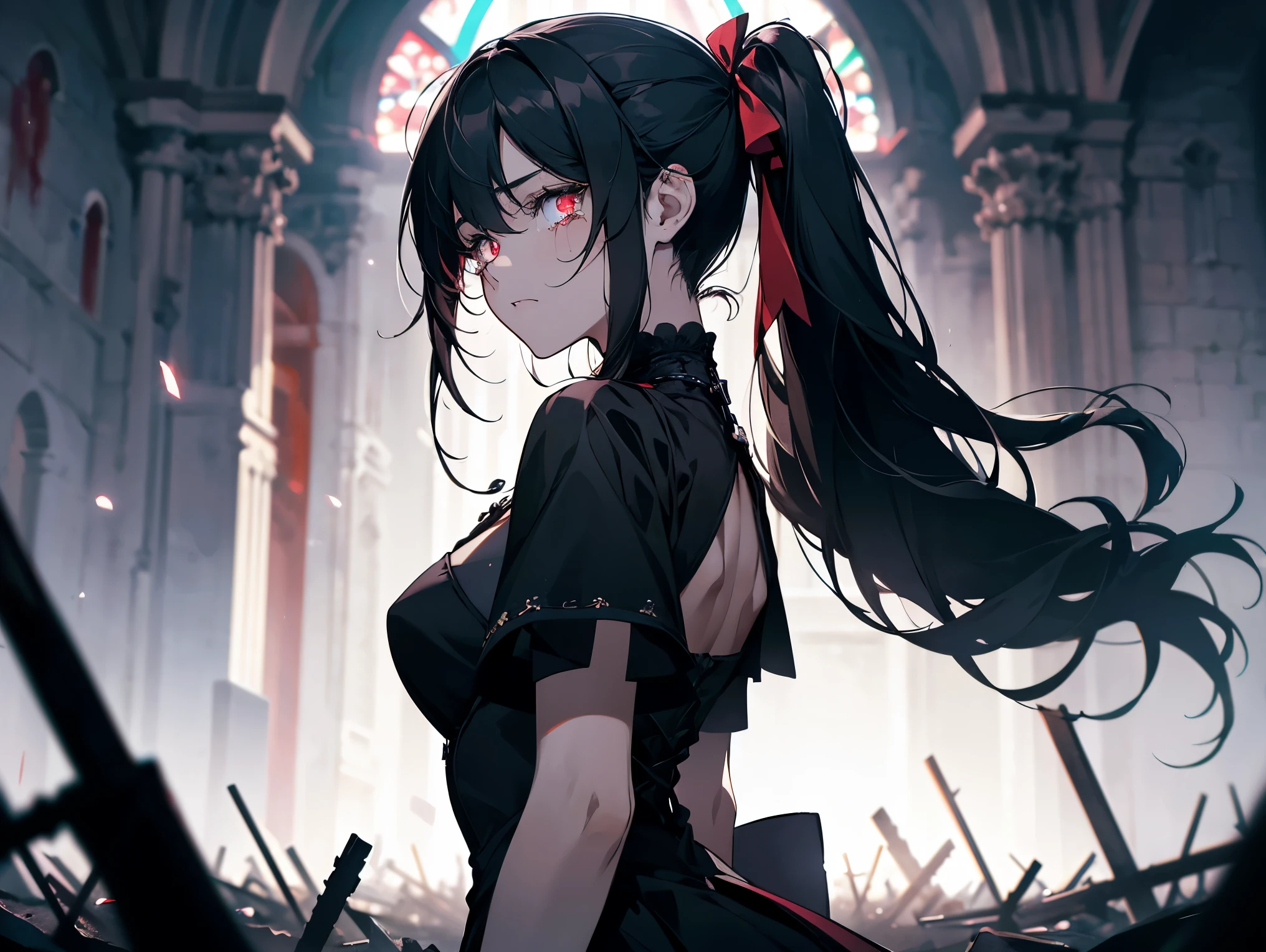 1 girl ,(big Stigmata) , ruined church, bloody rosary , (floating hair, floating skirt), ((blood sea)),from side, character focus, ((black light)),((dark lighting)), cinematic lighting ,(darkness), (concept art), ((rape face)) ,black long straight hair, black hair, pigtail hairstyles, long straight pigtails, hair ribbon , red eyes color, short black dress, tight black dress, absolute territory, thigh high socks, (glowing eyes), high resolution,(incredibly absurdres) ,extremely detailed CG unity 8k wallpaper, ((masterpiece)), ((top-quality)), (beautiful illustration), ((an extremely delicate and beautiful)), (masterpiece, Best quality, ultra high resolution), Black hair, pale skin, Black Crown, red eyes, Luminous_eyes, neon eyes, ultra detailed eyes, Beautiful and detailed face, detailed eyes, (Centered, torso), (tears), (wide shot:0.9), facing the viewer, Eye levell