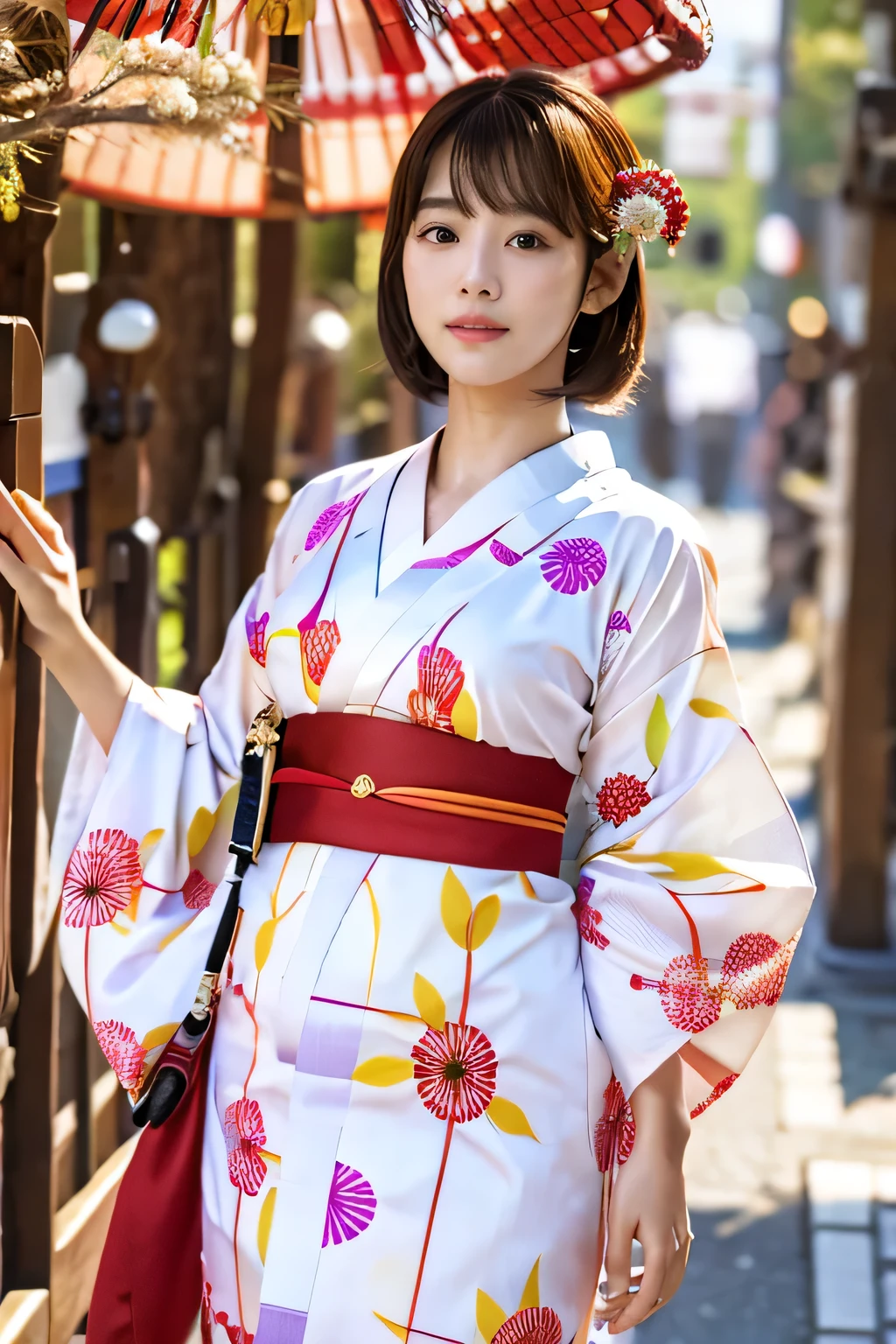 (1 summer kimono with a cute pattern:1.5)、(Japanese festivals:1.5)、(Full-body photo:1.5)、highest quality, Photorealistic, Very detailed, finely, High resolution, 8K Wallpaper, Professional, High level of detail, ((One 18 year old girl:1.2)), Slender Japanese women,Pretty lips, (Beautiful long lashes:1.2)、Detailed clavicle, Perfect Face, (Cute short bob hair:1.5),Top Quality，Ultra-clear resolution，Clear Eyes，Sunburned skin，Perfect large breasts，have perfect legs，