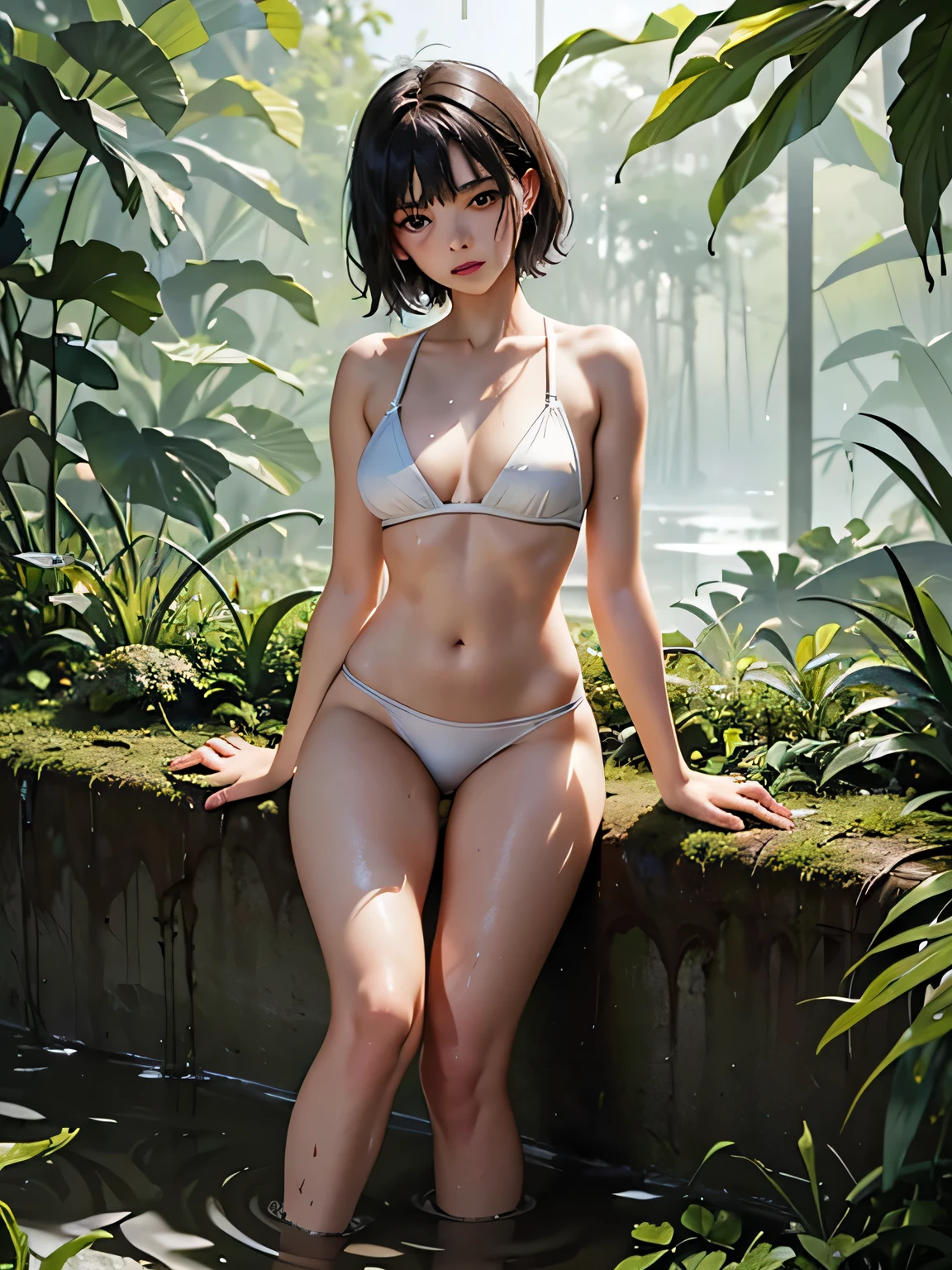 (masterpiece, best quality:1.2), full-body shot, 1girl, young girl, Judo, black hair, short hair, wet hair, black eyes, slender figure, slender hands, slender legs, red belt Judo, white bra, white panties, shows copletely underwear, white bikini, dirty, dust, wear a leash, wear handcuffs, mud, deep mud, damp, wet, mud stuck to the body, dust, rainforest, in the swamp, fallen tree trunk, lactation department, bra pulled down to reveal nipples, misaligned underwear