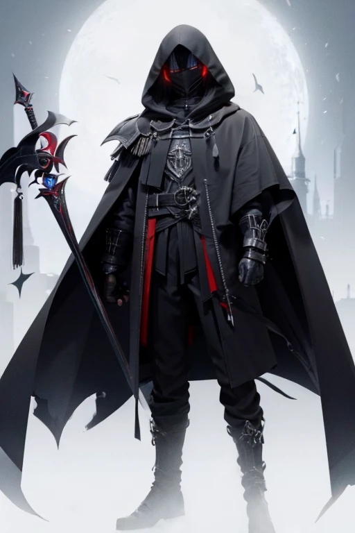 tall male figure, black hood, red eyes, glare from eyes, sword on back, black hoodie, straps on body, black darkness covering face, 