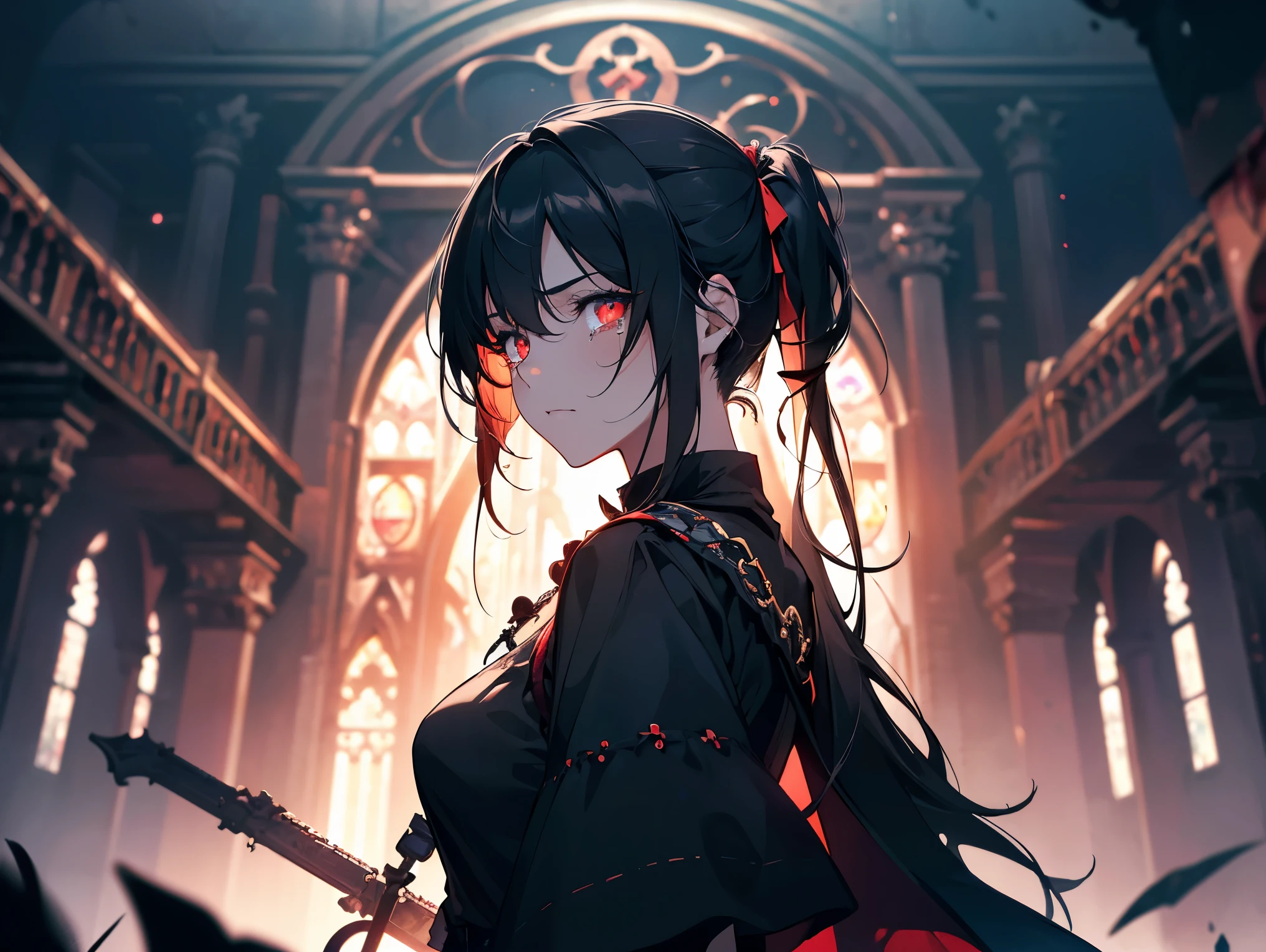 1 girl ,(big Stigmata) , ruined church, bloody rosary , (floating hair, floating skirt), ((blood sea)),from side, character focus, ((black light)),((dark lighting)), cinematic lighting ,(darkness), (concept art), ((rape face)) ,black long straight hair, black hair, pigtail hairstyles, long straight pigtails, hair ribbon , red eyes color, black dress, (glowing eyes), high resolution,(incredibly absurdres) ,extremely detailed CG unity 8k wallpaper, ((masterpiece)), ((top-quality)), (beautiful illustration), ((an extremely delicate and beautiful)), (masterpiece, Best quality, ultra high resolution), 1 girl, black T-shirt, Black hair, pale skin, Black Crown, red eyes, Luminous_eyes, neon eyes, ultra detailed eyes, Beautiful and detailed face, detailed eyes, (Centered, torso), (tears), (wide shot:0.9), facing the viewer, Eye level
