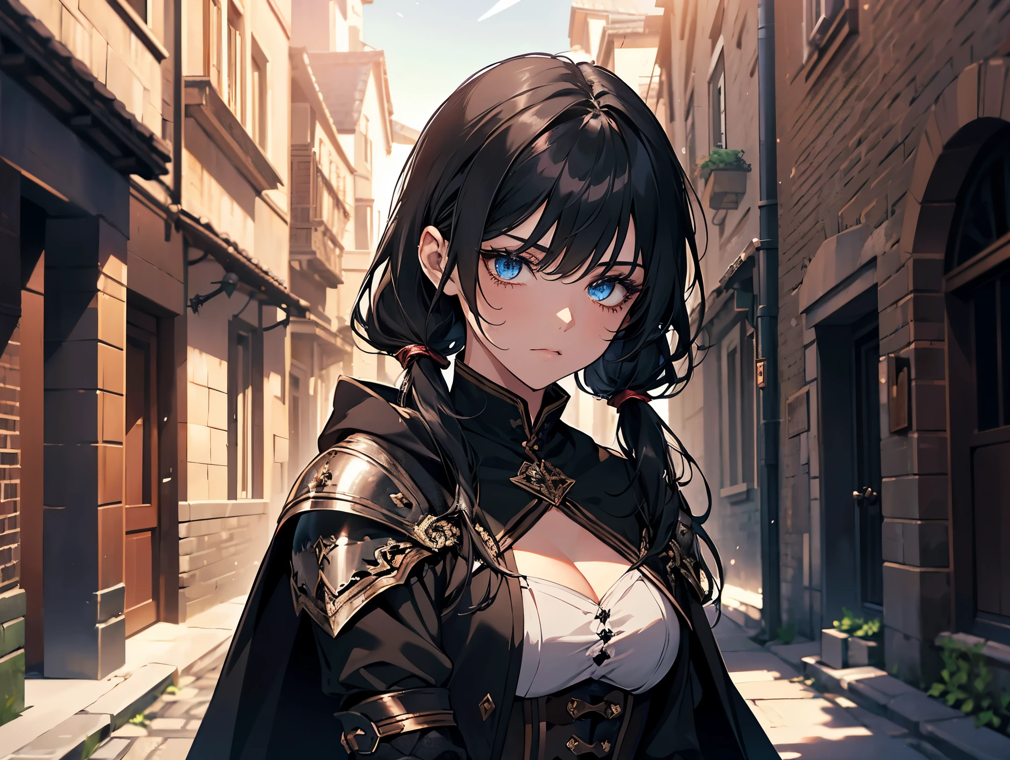 big masterpiece, best quality, extremely detailed CG, beautiful detailed eyes, ultra-detailed, intricate details:1.2), 8k wallpaper, elaborate features, glistening shiny, glowing light, ray tracing, HDR, deph of field, (perfect face), HD, perfect lighting, ((beautiful detailed eyelashes)), ((full body)), solo:1.5 (high-quality, breathtaking),(expressive eyes, perfect face) portrait, 1girl, female, solo, adult, age 20, Black hair, raven black hair, Dark black hair color, bright blue eye color, blue eyes, sky blue eye color, long hair length, looking at viewer, half body, calm expression, tsundere face expression, fantasy clothing, height 4"3, fantasy adventurer attire, rouge attire, thief profession, short height, black cloak, black jacket, black short sleeved shirt, long sleeved leather bracers, black shorts, silver trim, fantasy armor, shoulder pads, pigtails, long pigtails, pigtails hairstyle, very long hair, very long tiwntails hairstyle only, very long pigtail hairstyles, leather armor, light tanned skin, B cup breast size, curly hair, slightly narrow eyes, mature face, wearing fantasy themed clothes, wearing assassin clothes, wearing thief clothes, wearing black hooded cloak, hood down on cloak, black shorts, black knee high socks, black leather armor, boob window on chest, flipping a coin, leaning against a wall waiting, leaning against a wall flipping a coin, silver trim on fantasy clothes silver trim on clothes, glorious absolute territory, absolute territory, in an alley way, in a stone alley way, stone wall, fantasy stone alleyway, night time, moon over head, moonlight shining down