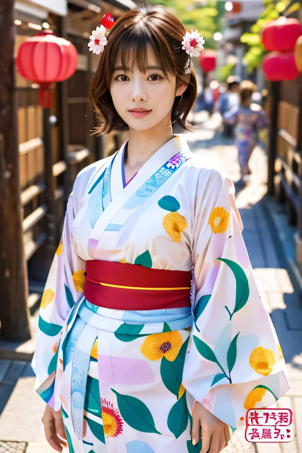 (1 summer kimono with a cute pattern:1.5)、(Japanese festivals:1.5)、(Full-body photo:1.5)、highest quality, Photorealistic, Very detailed, finely, High resolution, 8K Wallpaper, Professional, High level of detail, ((One 18 year old girl:1.2)), Slender Japanese women,Pretty lips, (Beautiful long lashes:1.2)、Detailed clavicle, Perfect Face, (Cute short bob hair:1.5),Top Quality,Ultra-clear resolution,Clear Eyes,Sunburned skin,Perfect large breasts,have perfect legs,
