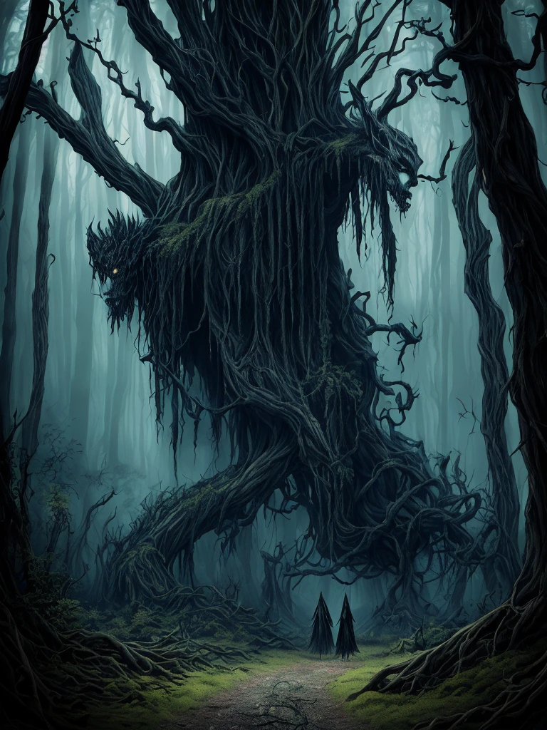 A variety of bizarre mythical creatures lurking in a dark and eerie forest, with twisted trees and glowing mushrooms (best quality, highres), surreal atmosphere, intense shadows and mist (dark, mysterious), creatures with grotesque features (macabre, eerie), glowing eyes and sharp fangs (intense, haunting), otherworldly presence (otherworldly, supernatural), an ominous moonlight casting an eerie glow (moonlit, haunting), thick vegetation and tangled vines (overgrown, dense), a sense of danger and unknown lurking in every corner (sinister), a feeling of being transported to a different dimension (otherworldly, surreal), intense and vivid colors adding to the eerie ambiance (vivid colors), a chilling silence broken only by the rustling of leaves (quiet, unsettling), intricate and detailed designs on the creatures' bodies (detailed), a sense of mystery and intrigue (mysterious), a place where reality and nightmare blend together (surreal, eerie), a spine-chilling and unforgettable scene (haunting).