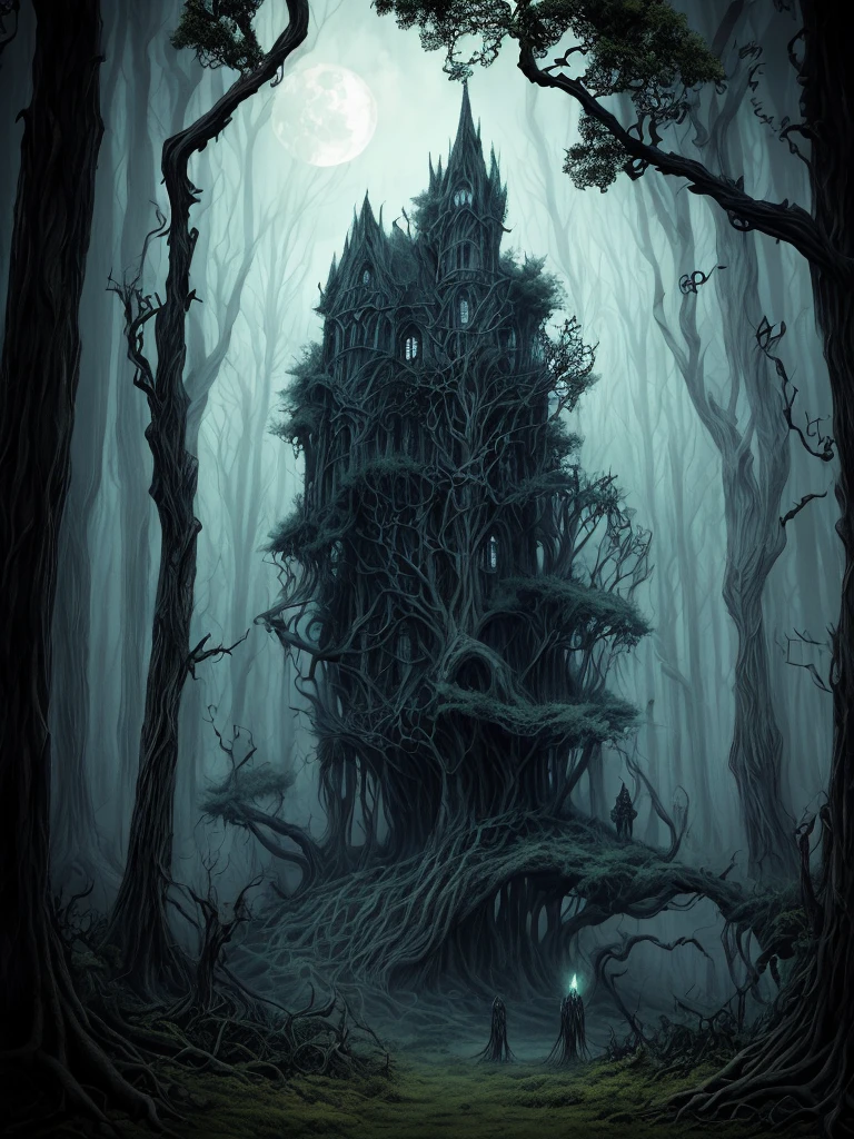 A variety of bizarre mythical creatures lurking in a dark and eerie forest, with twisted trees and glowing mushrooms (best quality, highres), surreal atmosphere, intense shadows and mist (dark, mysterious), creatures with grotesque features (macabre, eerie), glowing eyes and sharp fangs (intense, haunting), otherworldly presence (otherworldly, supernatural), an ominous moonlight casting an eerie glow (moonlit, haunting), thick vegetation and tangled vines (overgrown, dense), a sense of danger and unknown lurking in every corner (sinister), a feeling of being transported to a different dimension (otherworldly, surreal), intense and vivid colors adding to the eerie ambiance (vivid colors), a chilling silence broken only by the rustling of leaves (quiet, unsettling), intricate and detailed designs on the creatures' bodies (detailed), a sense of mystery and intrigue (mysterious), a place where reality and nightmare blend together (surreal, eerie), a spine-chilling and unforgettable scene (haunting).