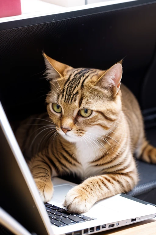 A cute brown tabby cat wearing glasses typing on a computer