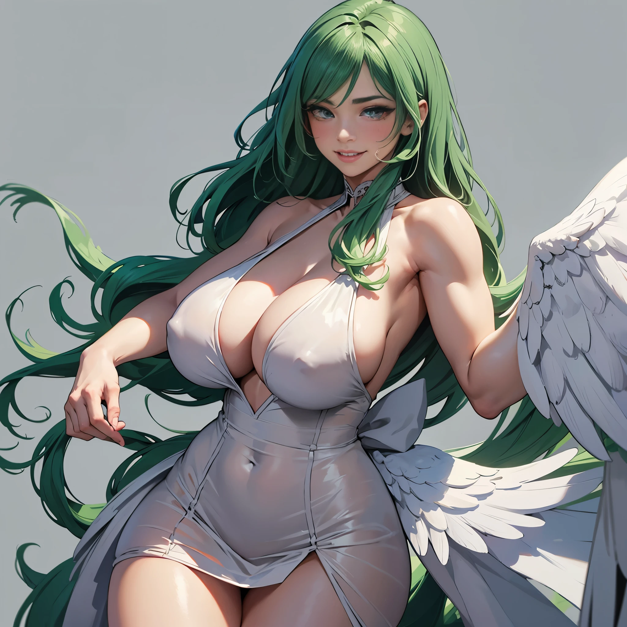 Angel, best quality: 1.1, 1 GIRL alone, (gray eyes), detailed gray eyes, well-aligned eyes, extremely detailed face, blushing cheeks, perfect face symmetry, smiling, embarrassed, (white dress), BREAK intricate details on hands, intricate details con fingers, ((very huge) breasts), (green hair), detailed hair, long hair, defined figure, thick muscular legs, small defined waist, very much voluptuous body, very much muscular body, dynamic erotica pose, Interacting, ((gray background with shadows): 1.1)