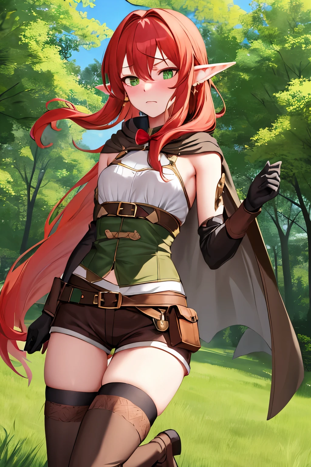 masterpiece, Best Quality, height resolution, 1girl in, elf, pointy ear, red hair, Long hair, side locks, Hair Bow, Small breasts, cloaks, Green eyes, Black Gloves, Brown shorts, green thighhighs, Short shorts, Belt bag, embarrassed expression