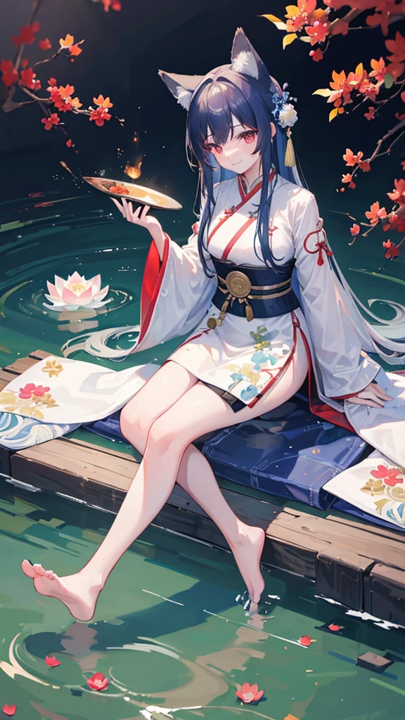 ((4K,masterpiece,best quality)), Fox ears，Bisim, Chinese painting, lotus, Hanfu, Maxis Suite, clothes open, SWF 1 girls, Solitary, Blue long hair, Smile, eternal, Feet in water, barefoot,