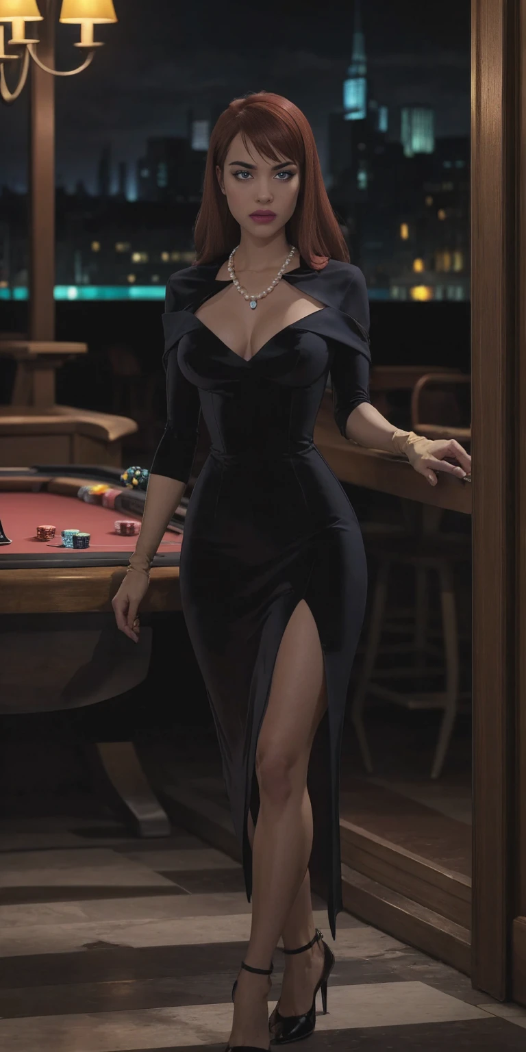 A woman member of the mafia of the 50s, His presence is impressive. she is tall and slender, com curvas elegantes, combed black hair with soft waves and intense red lips. His eyes are sharp and expressive. [2] Ela veste um vestido de ((cor de vinho)) longo, with deep neckline and a cut that enhances your curves. A pearl necklace adorning her neck and satin gloves covering her hands. Her high-heeled shoes are elegant and match the dress. [3] The setting is a nightclub of the time, with game tables and a stage where a jazz band is playing. The lighting is soft, with neon lamps casting a diffuse glow on the gifts. The environment is full of cigarette smoke and intrigue. She's near a roulette table, holding a glass of champagne with one hand, while with the other casts a defiant glance towards the gambling table. His posture is confident and domineering. [5] Estilo: Oil painting in rich colors that captures the luxurious and enigmatic atmosphere of the 50s. The painting highlights the details of the dress and the night setting. [6] --AR 16:9 --V 5