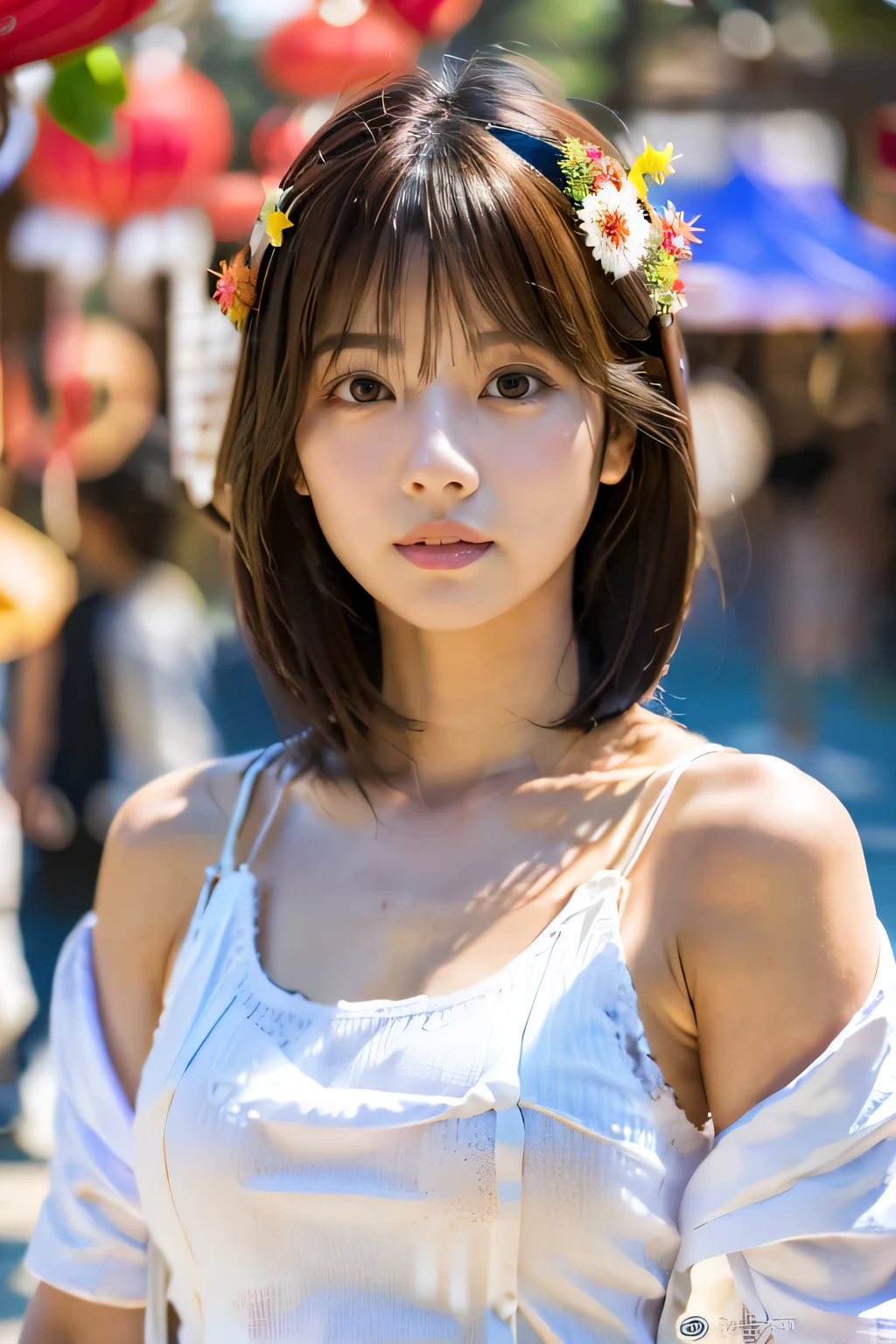 (Festival Hanten:1.5)、(Japanese festivals:1.5)、(Full-body photo:1.5)、highest quality, Photorealistic, Very detailed, finely, High resolution, 8K Wallpaper, Professional, High level of detail, ((One 18 year old girl:1.2)), Slender Japanese women,Pretty lips, (Beautiful long lashes:1.2)、Detailed clavicle, Perfect Face, (Cute short bob hair:1.5),Top Quality，Ultra-clear resolution，Clear Eyes，Sunburned skin，Perfect large breasts，have perfect legs，